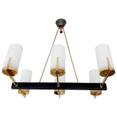  French Mid Century  Pendant Light, Arlus, Brass Glass, Stilnovo Style, 60s