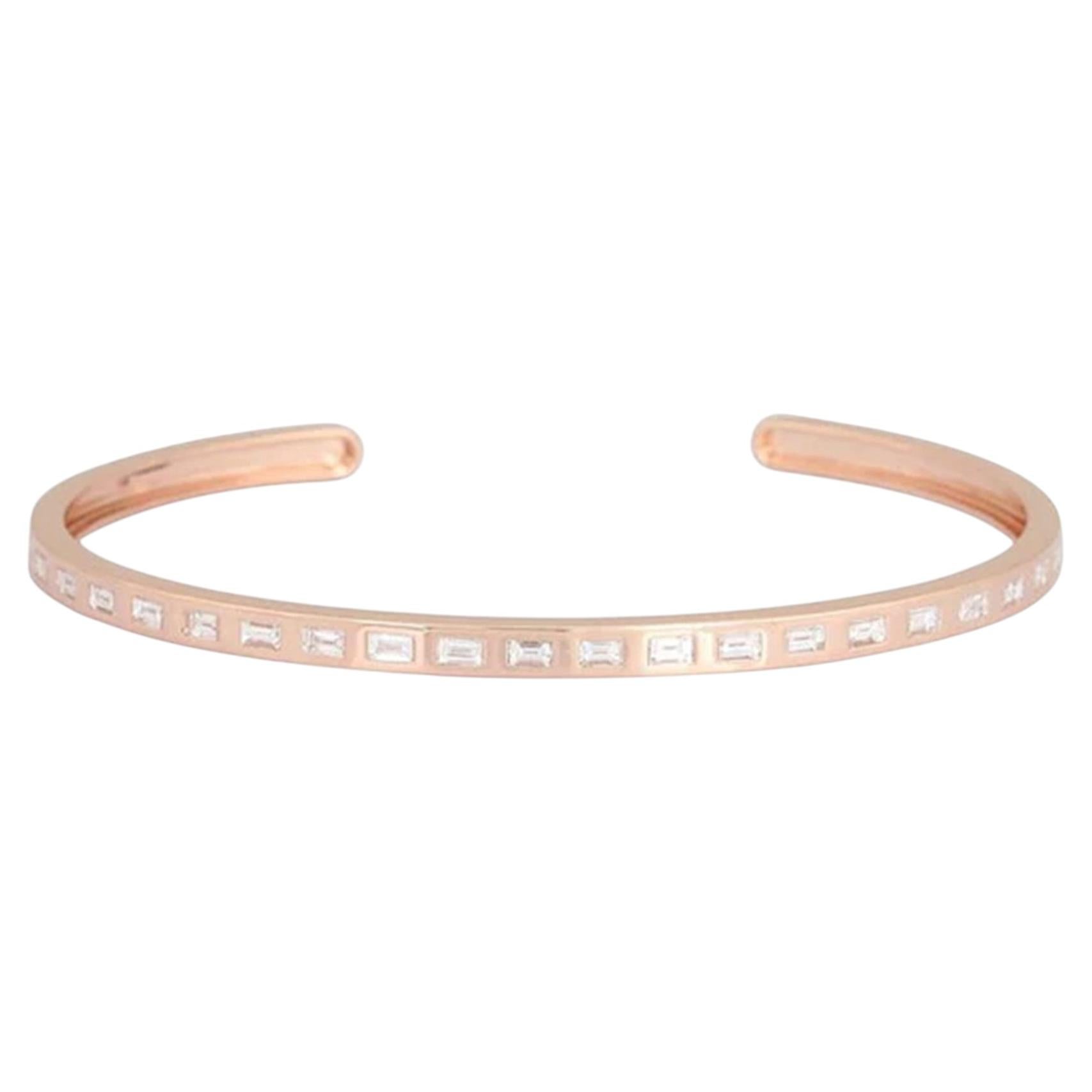 Linear Baguette 14K (or 18k upon request) Rose Gold Diamond Cuff Bracelet For Sale