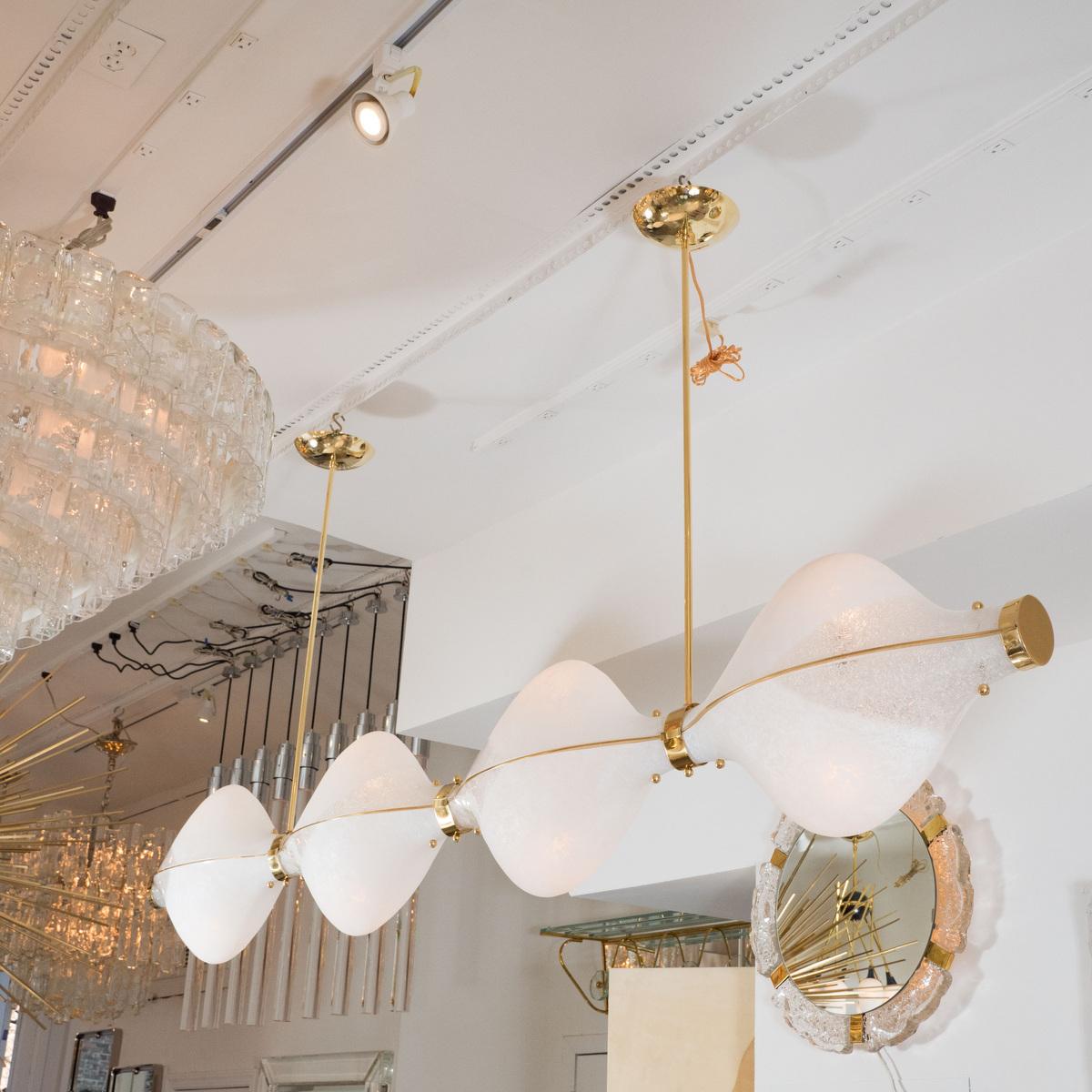 Linear Brass Chandelier with Heart Shaped Shades Designed by John Salibello In New Condition For Sale In New York, NY
