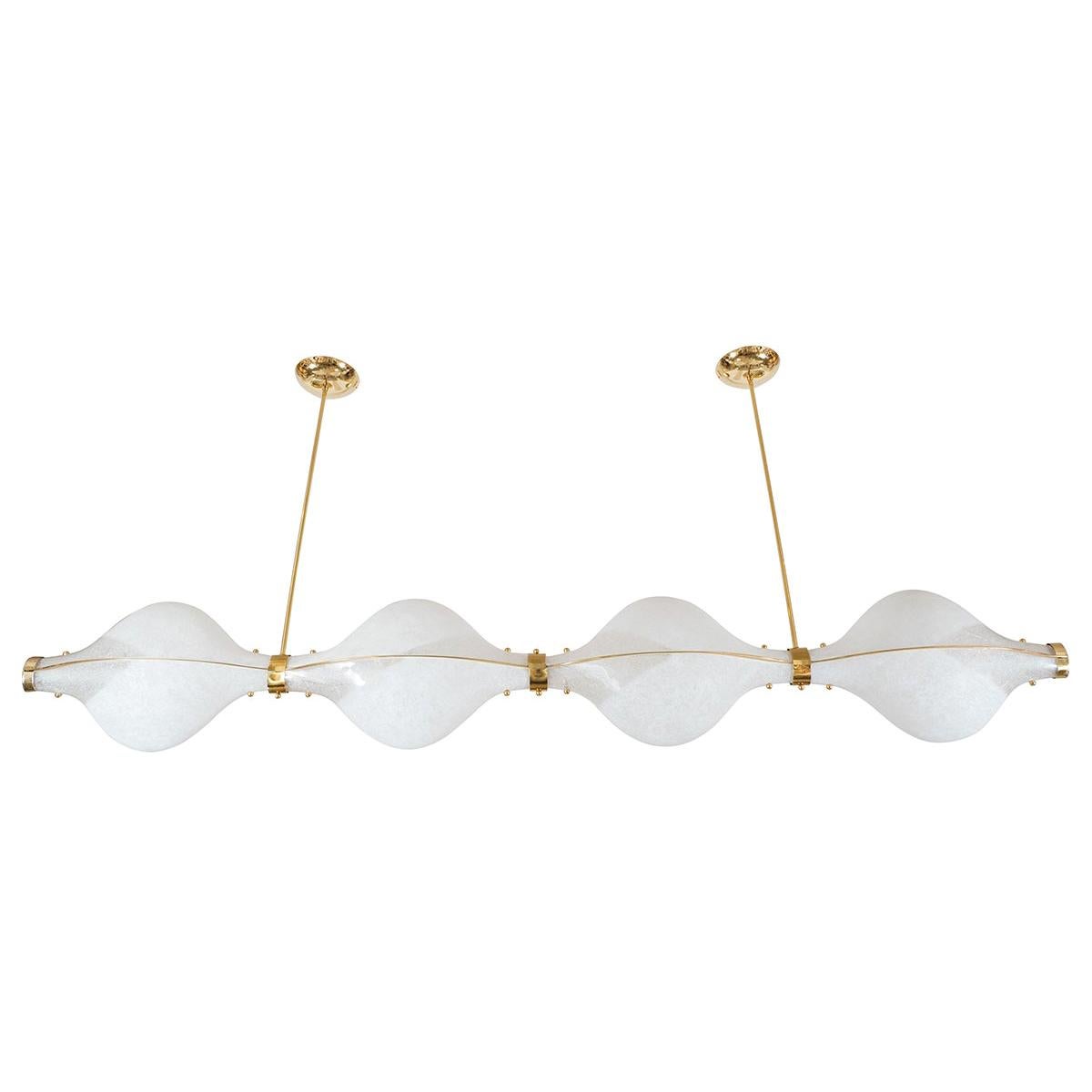 Linear Brass Chandelier with Heart Shaped Shades Designed by John Salibello For Sale