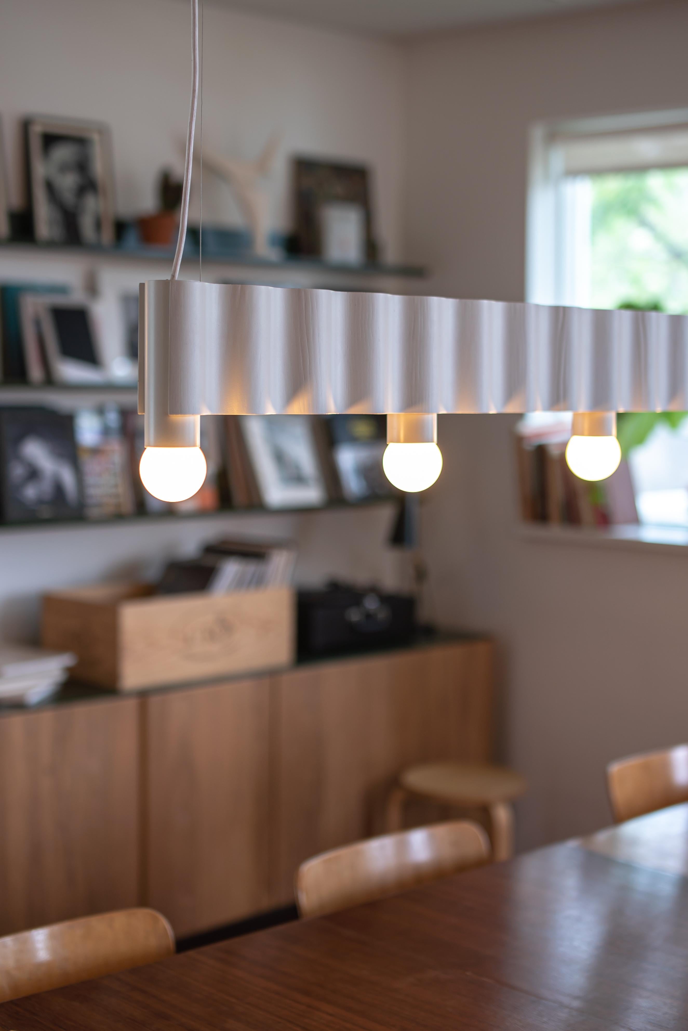 Brushed Linear Corrugation Pendant Light '5 Bulbs' in Natural Ash and Vermilion Red For Sale
