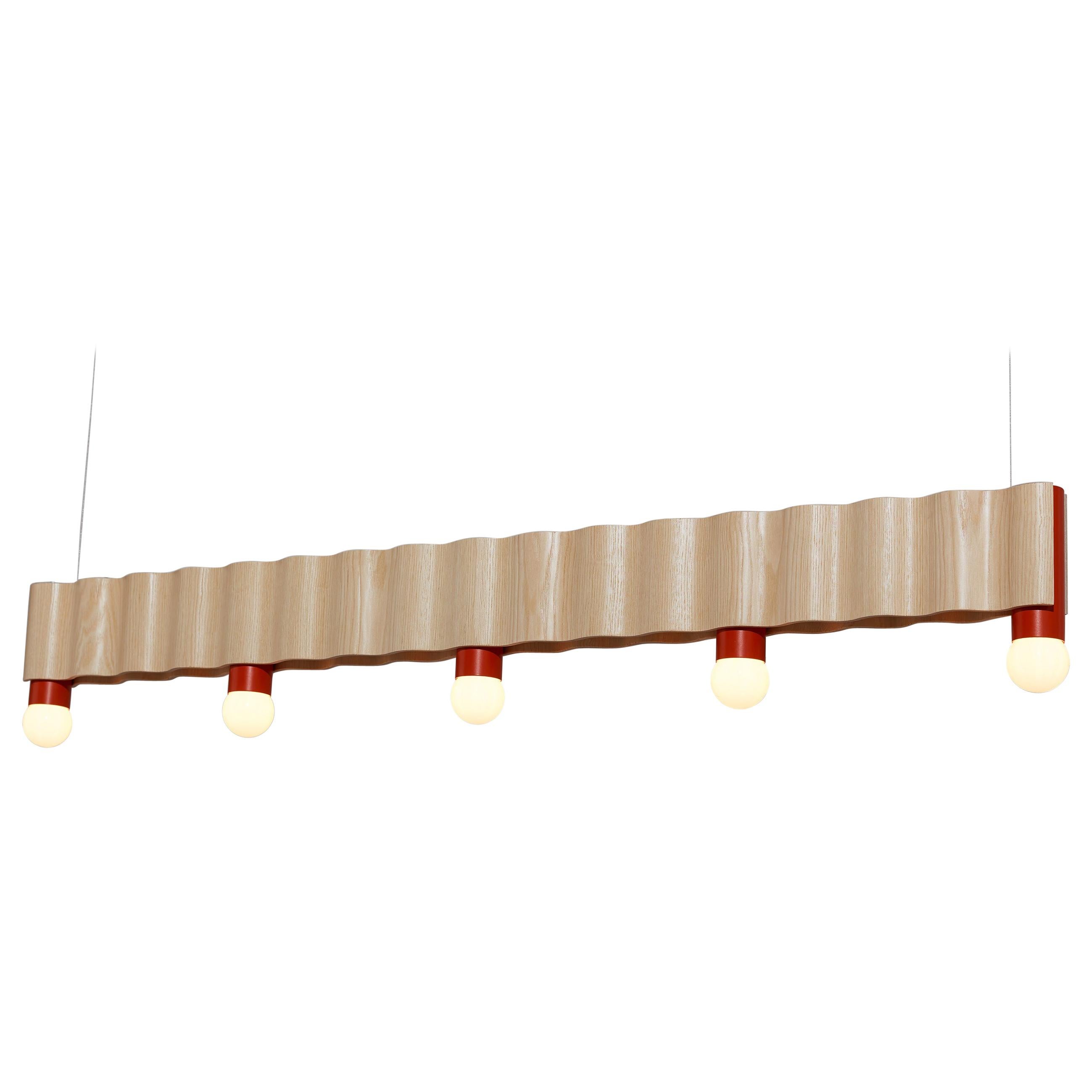 Linear Corrugation Pendant Light '5 Bulbs' in Natural Ash and Vermilion Red For Sale