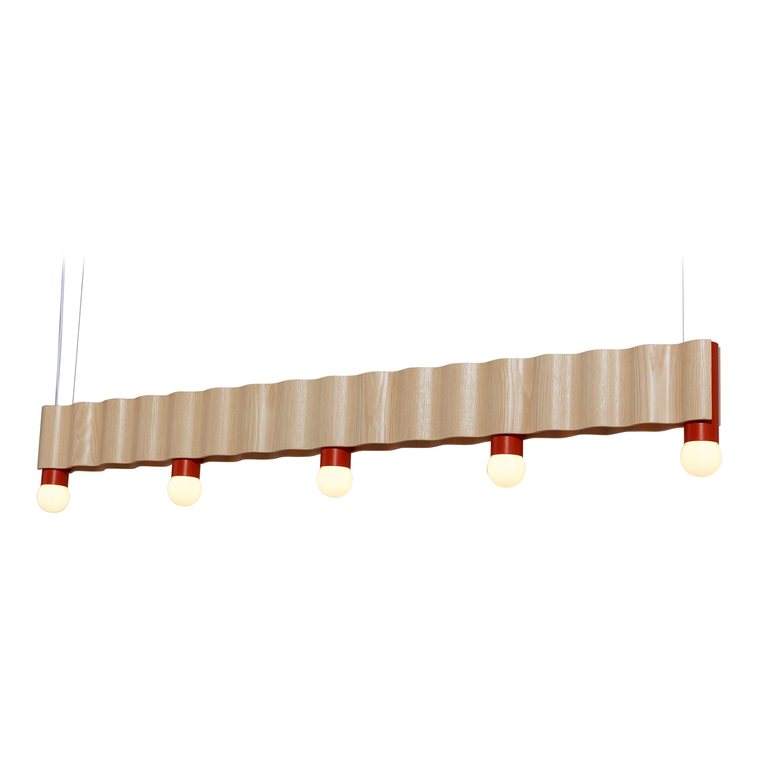 Linear Corrugation Pendant Light '5 Bulbs' in Natural Ash and Vermilion Red