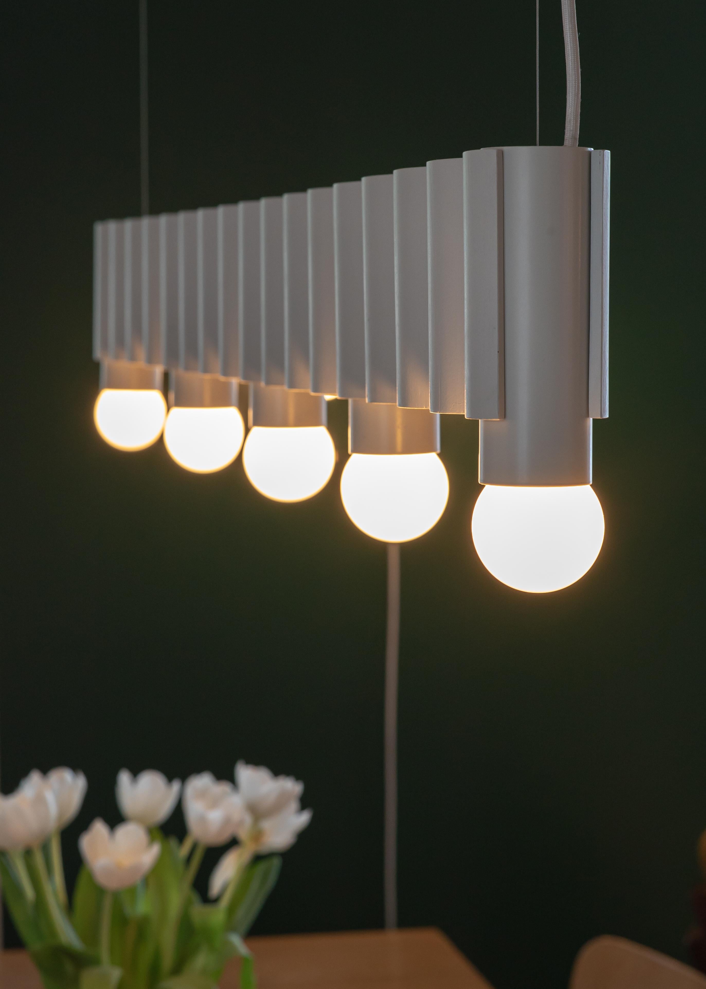 Mid-Century Modern Linear Corrugation Pendant Light '5 Bulbs' in Off-White For Sale