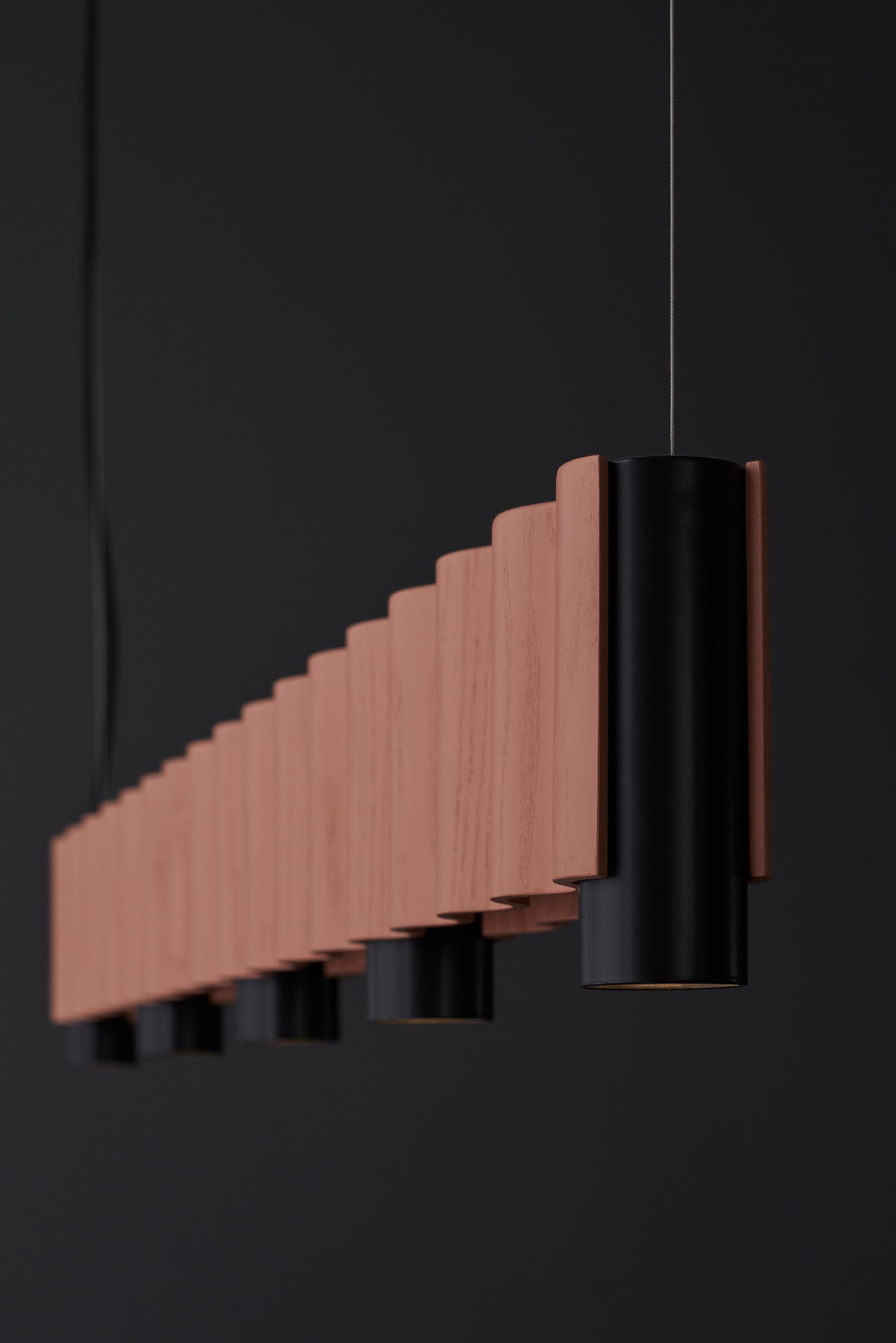 British Linear Corrugation Pendant Light '5 Spots' in Salmon Pink and Black For Sale