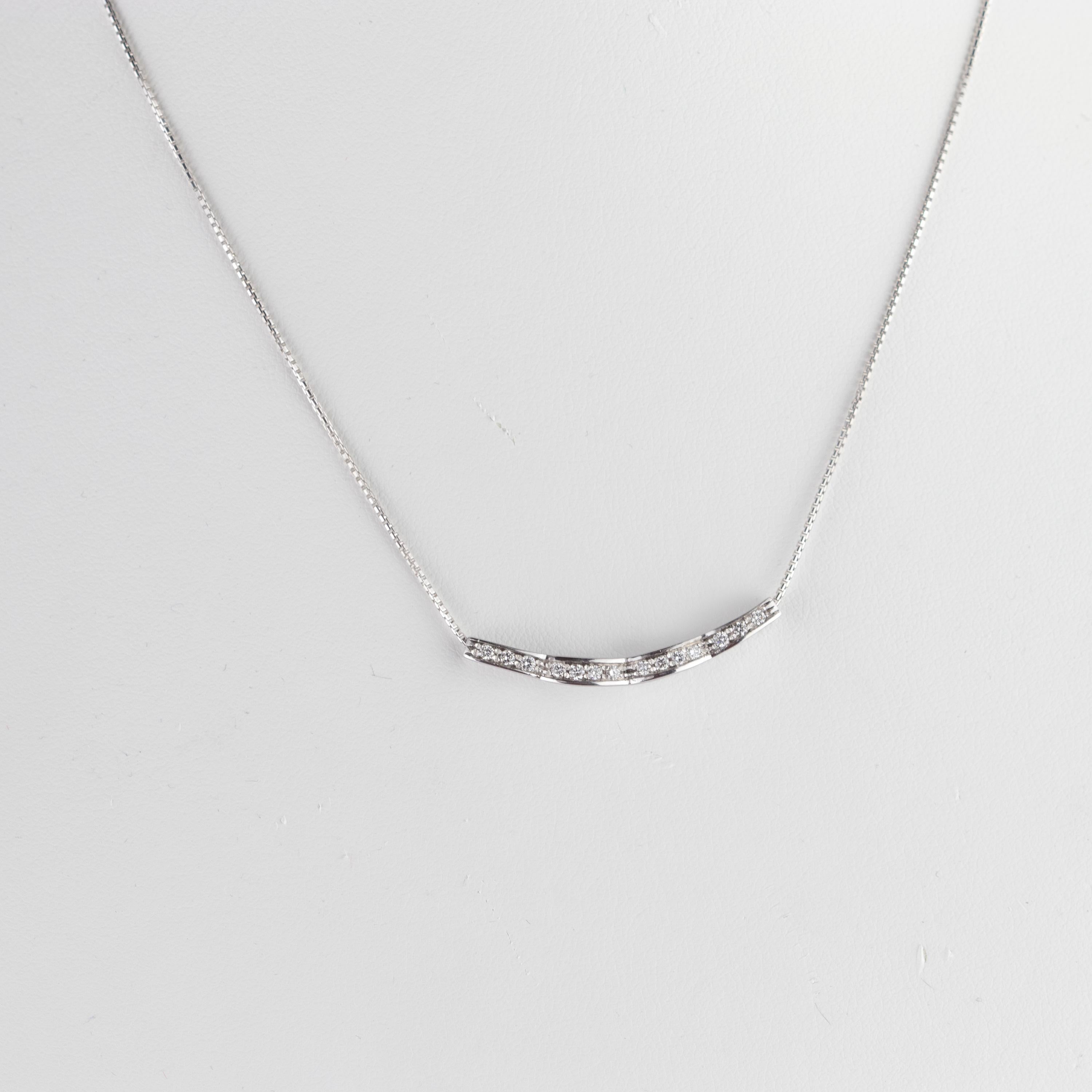 Romantic Linear Curved Horizontal Diamond Bar Chain Pendant 18 Karat White Gold Necklace For Sale