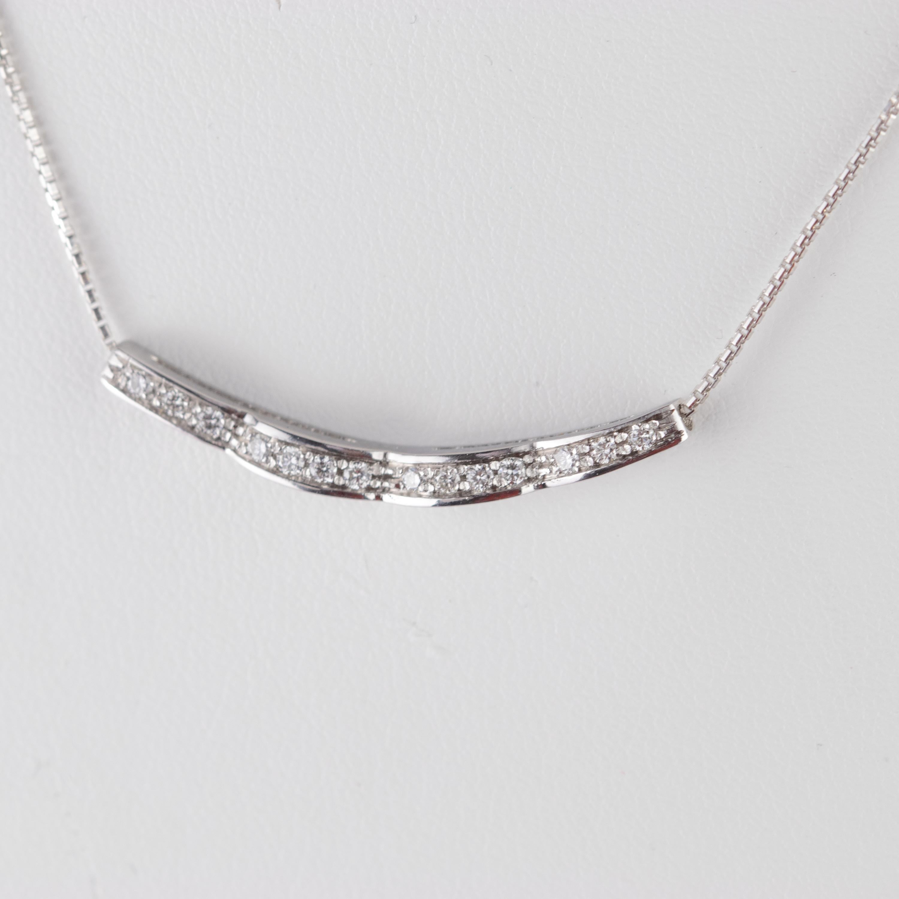 Brilliant Cut Linear Curved Horizontal Diamond Bar Chain Pendant 18 Karat White Gold Necklace For Sale