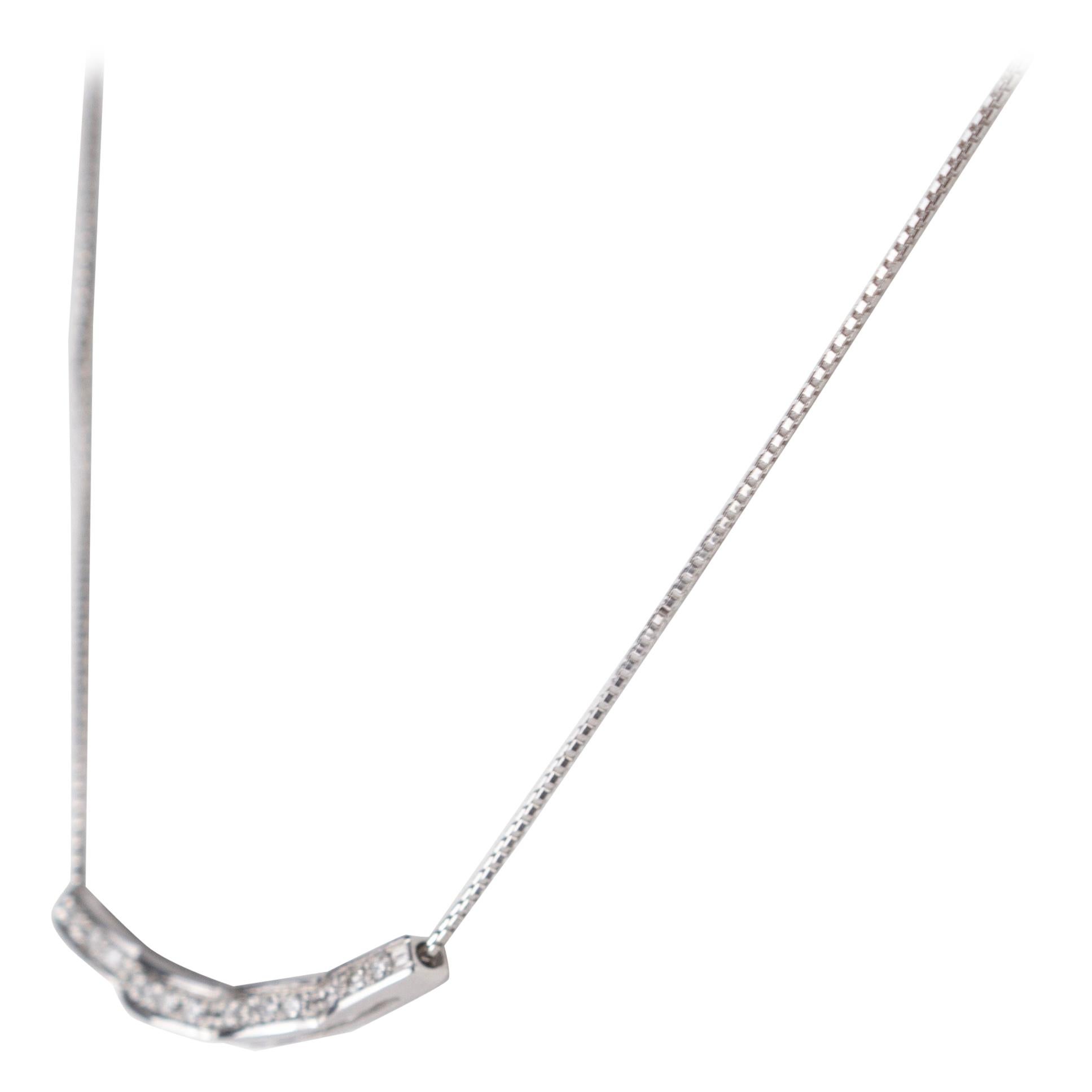 Linear Curved Horizontal Diamond Bar Chain Pendant 18 Karat White Gold Necklace For Sale