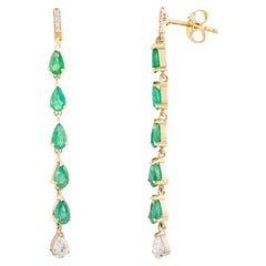 Boucles d'oreilles pendantes Linear Emerald Diamond Long Dangle Earrings Gift in 18k Solid Yellow Gold