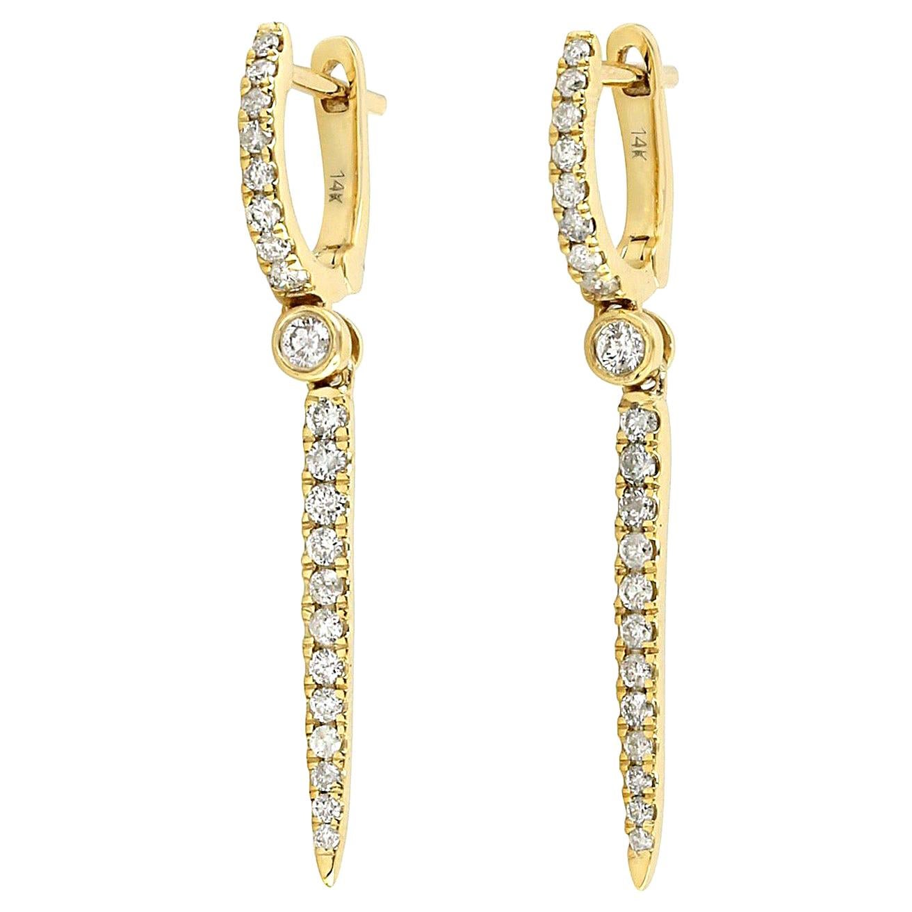 Linear Diamond 14 Karat Gold Huggie Hoop Earrings For Sale