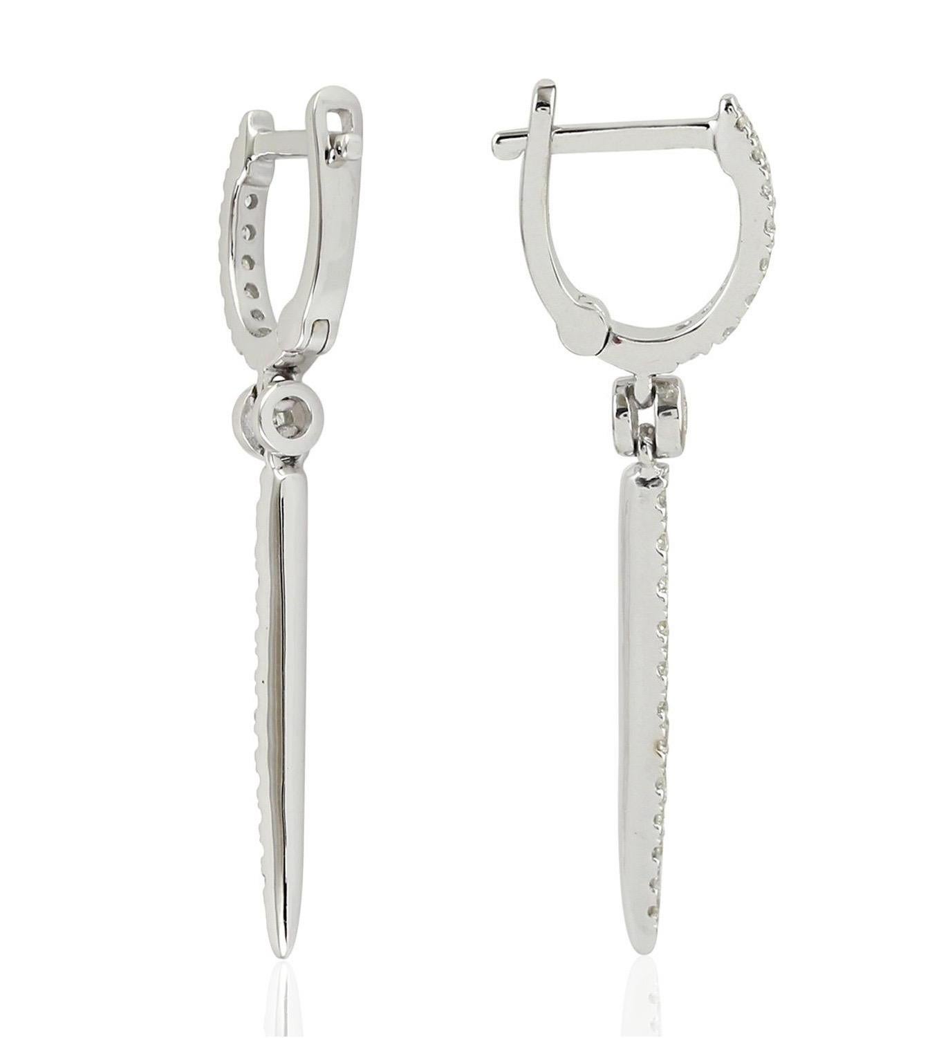 Contemporary Linear Hoop Diamond 14 Karat White Gold Earrings For Sale