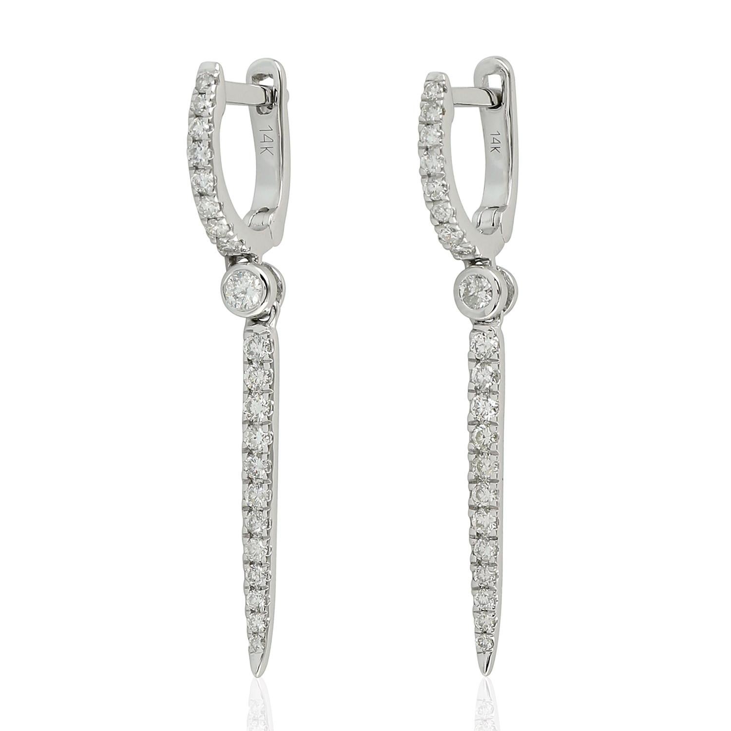 Brilliant Cut Linear Hoop Diamond 14 Karat White Gold Earrings For Sale