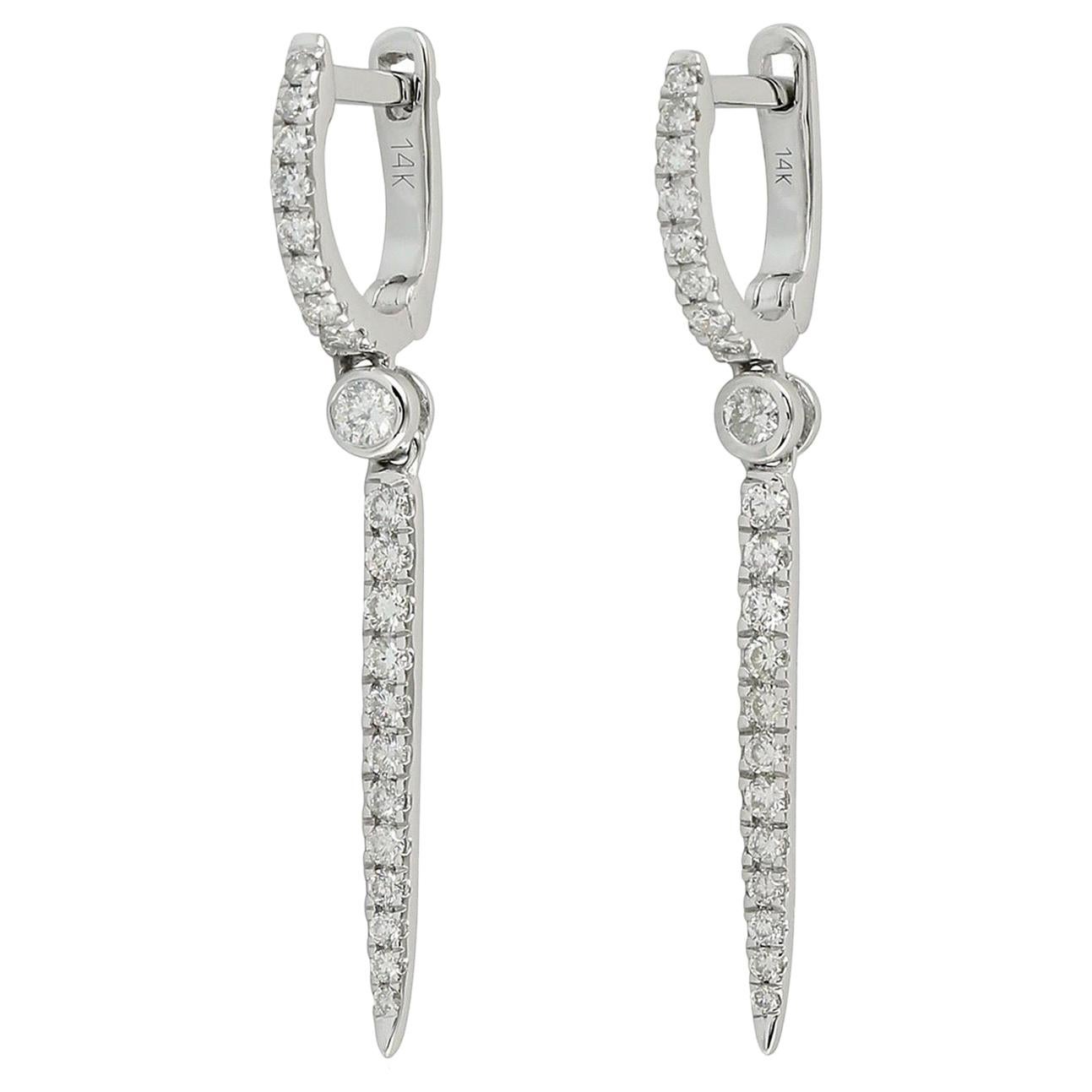 Linear Hoop Diamond 14 Karat White Gold Earrings