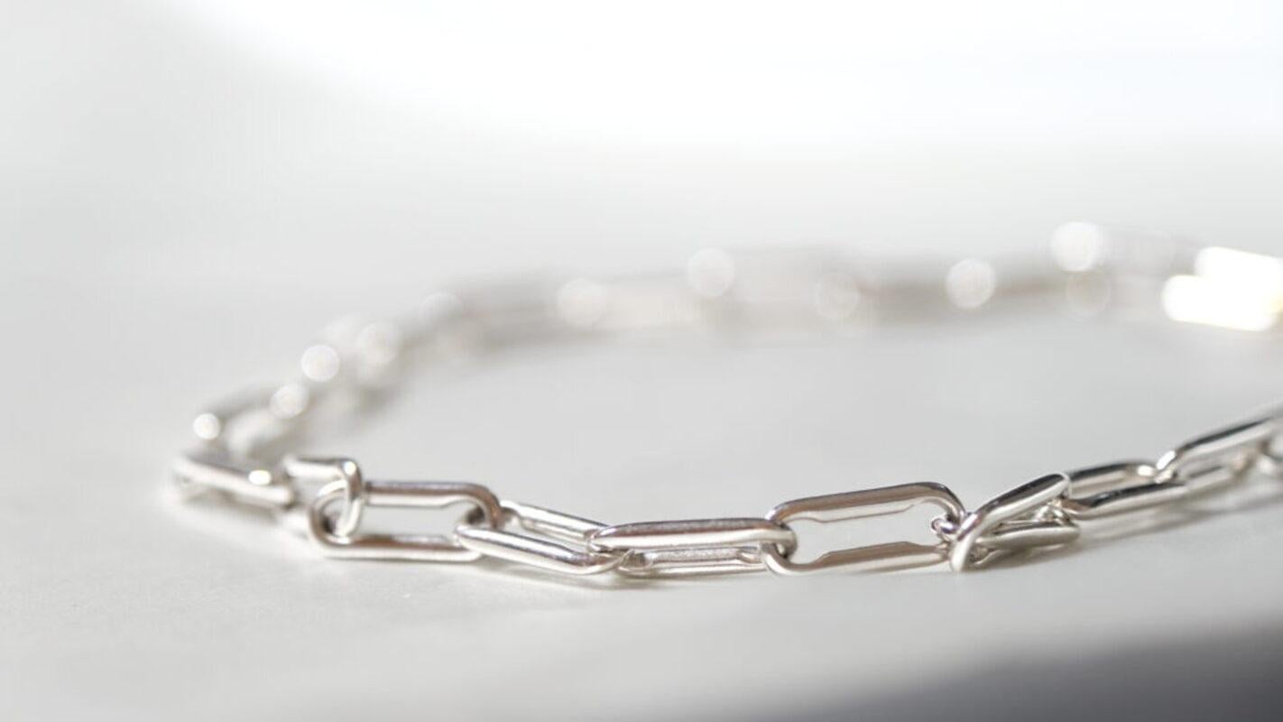 Modern Linear Link Curved Necklace, Sterling Silver For Sale