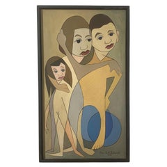 Linear Portrait Painting by Peter Paul Sakowski, Titled "Arm in Arm", D. 1960