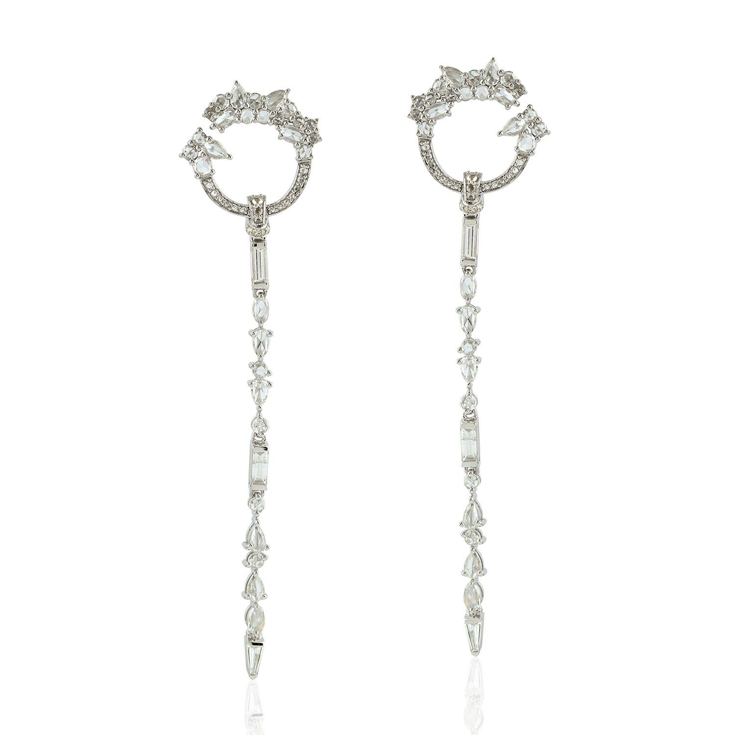 Contemporary Linear Shaped Rose Cut Diamond Earrings Made In 18k White Gold For Sale