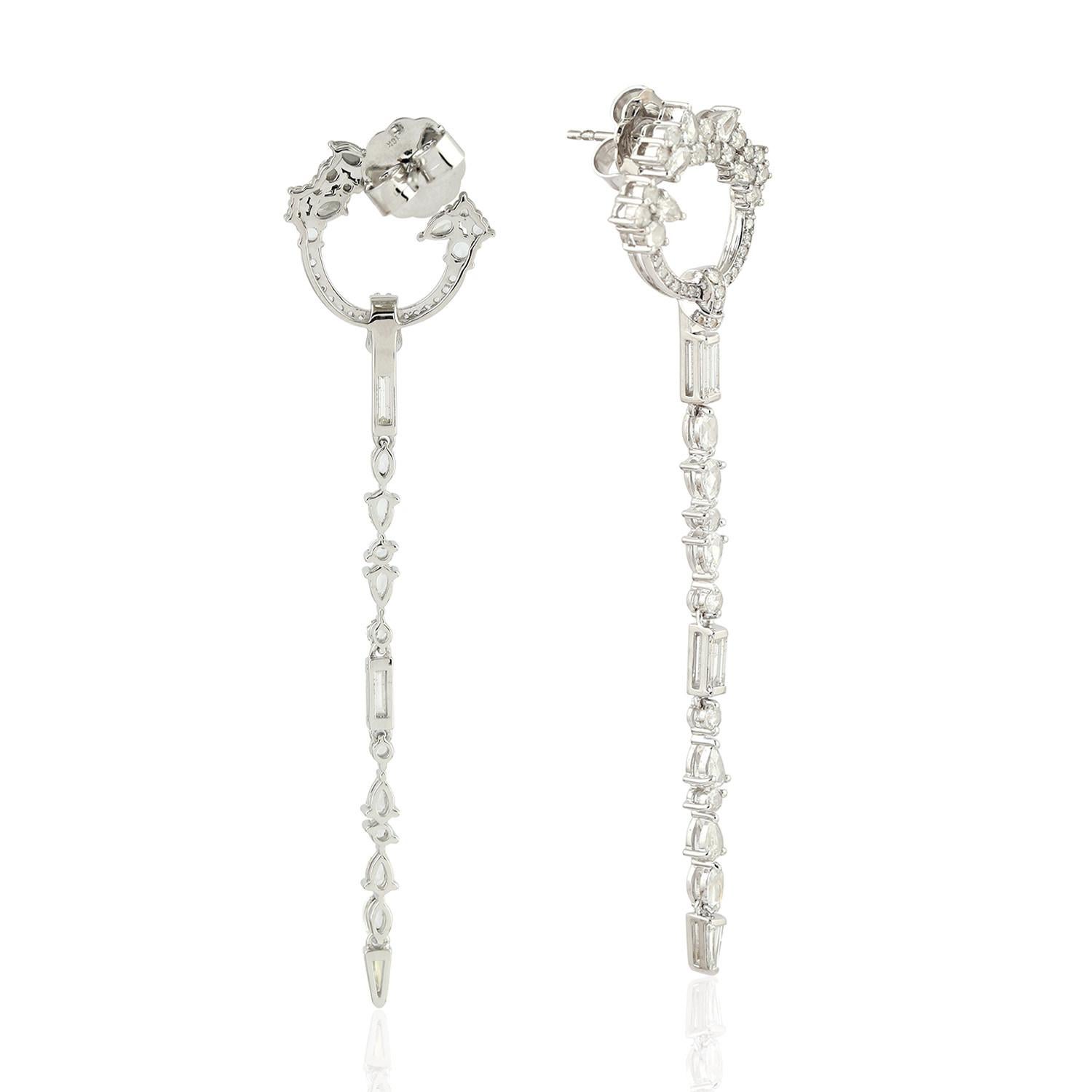 Mixed Cut Linear Shaped Rose Cut Diamond Earrings Made In 18k White Gold For Sale