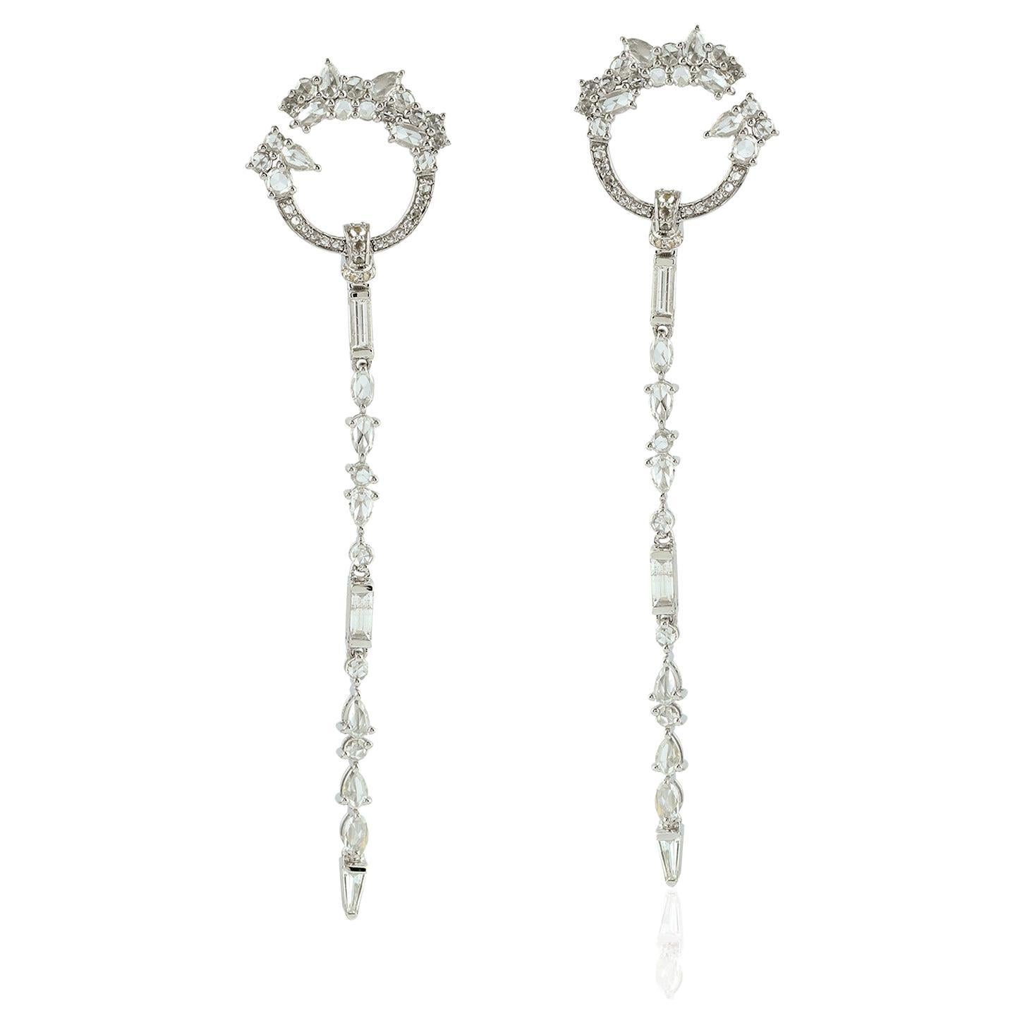 Linear Shaped Rose Cut Diamond Earrings Made In 18k White Gold For Sale