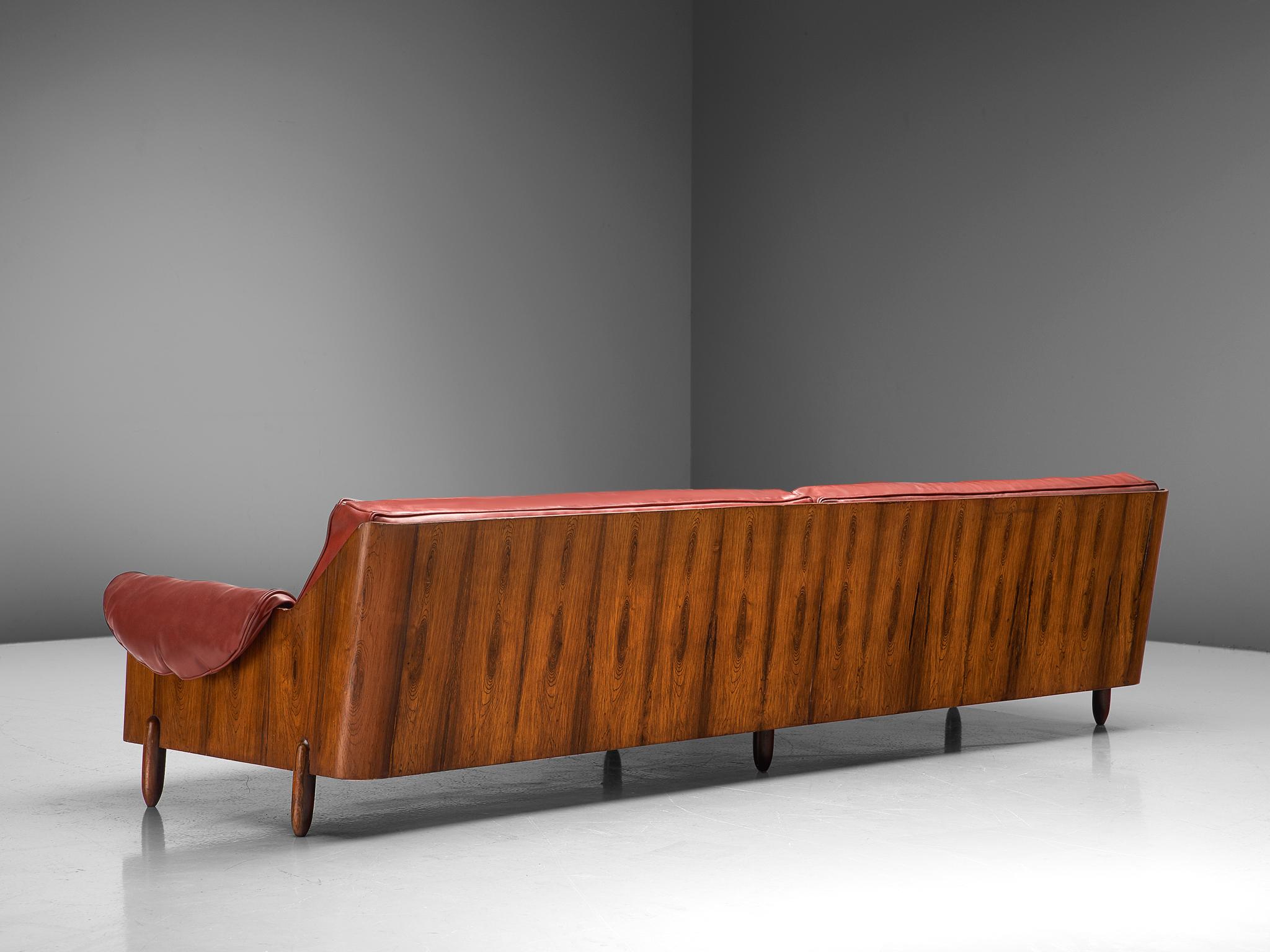 Lineart Moveis e Decoracoes, to be reupholstered sofa, rosewood and leatherette, Brazil, 1960s

Stunning and four-seat sofa was designed and manufactured by Lineart Moveis e Decoracoes. Very well crafted in exotic rosewood that functions as the