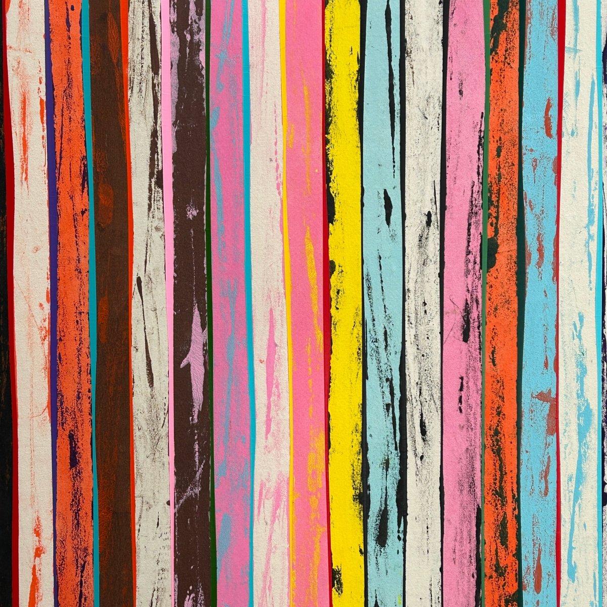 Lined Up by Ien Lucas explores structure through repetition and subtle texture. Known for her methodical approach to abstract painting, Lucas creates balance and rhythm with layered lines and carefully considered tones. The result is a piece that