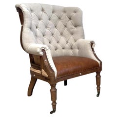 Linen and Leather Deconstructed Wing Back Chair with Caster Wheels