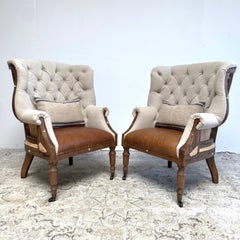 Linen and Leather Deconstructed Wing Back Chair with Caster Wheels