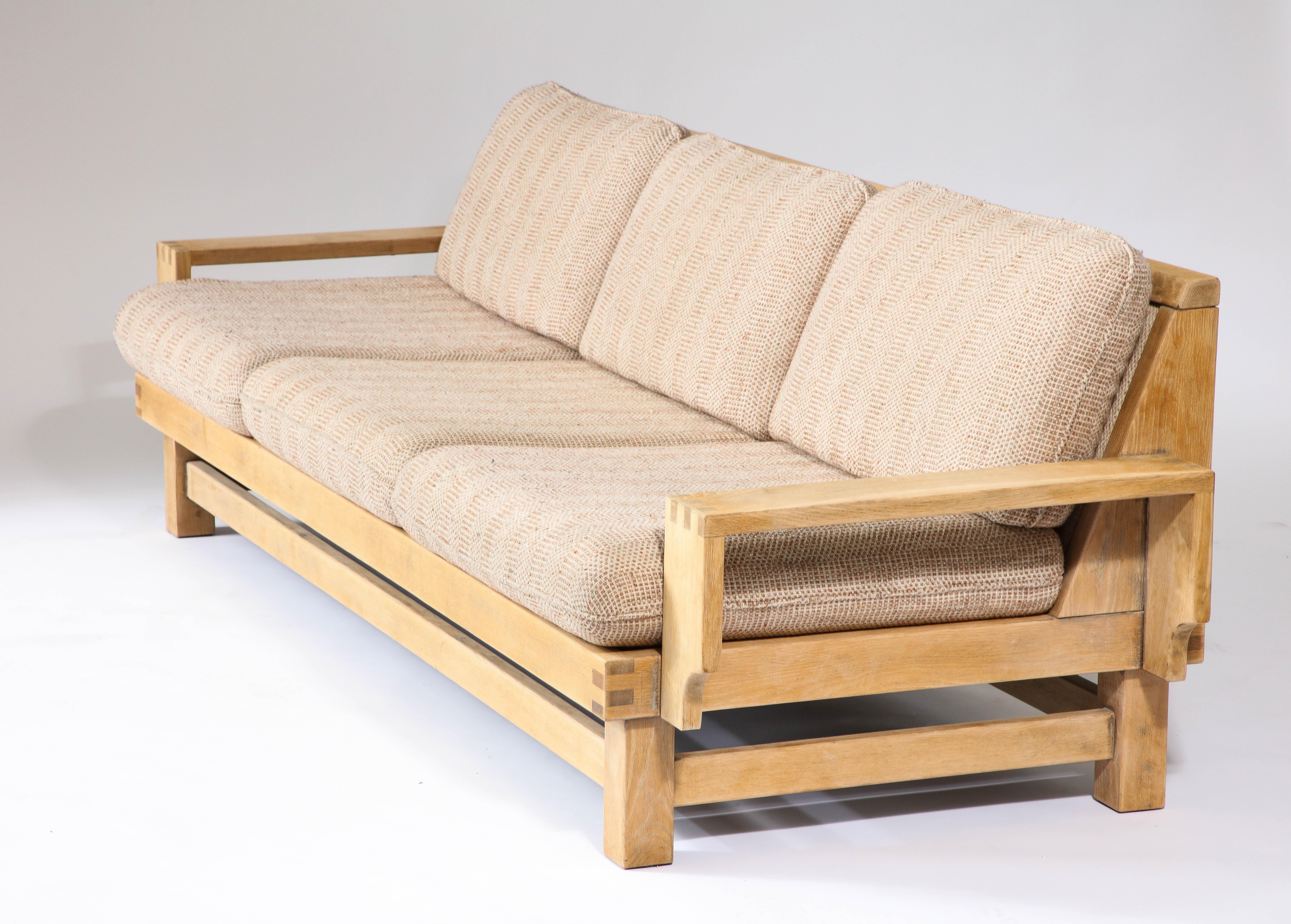Mid-Century Modern Linen and Oak Constructivist Sofa, The Netherlands, c. 1960