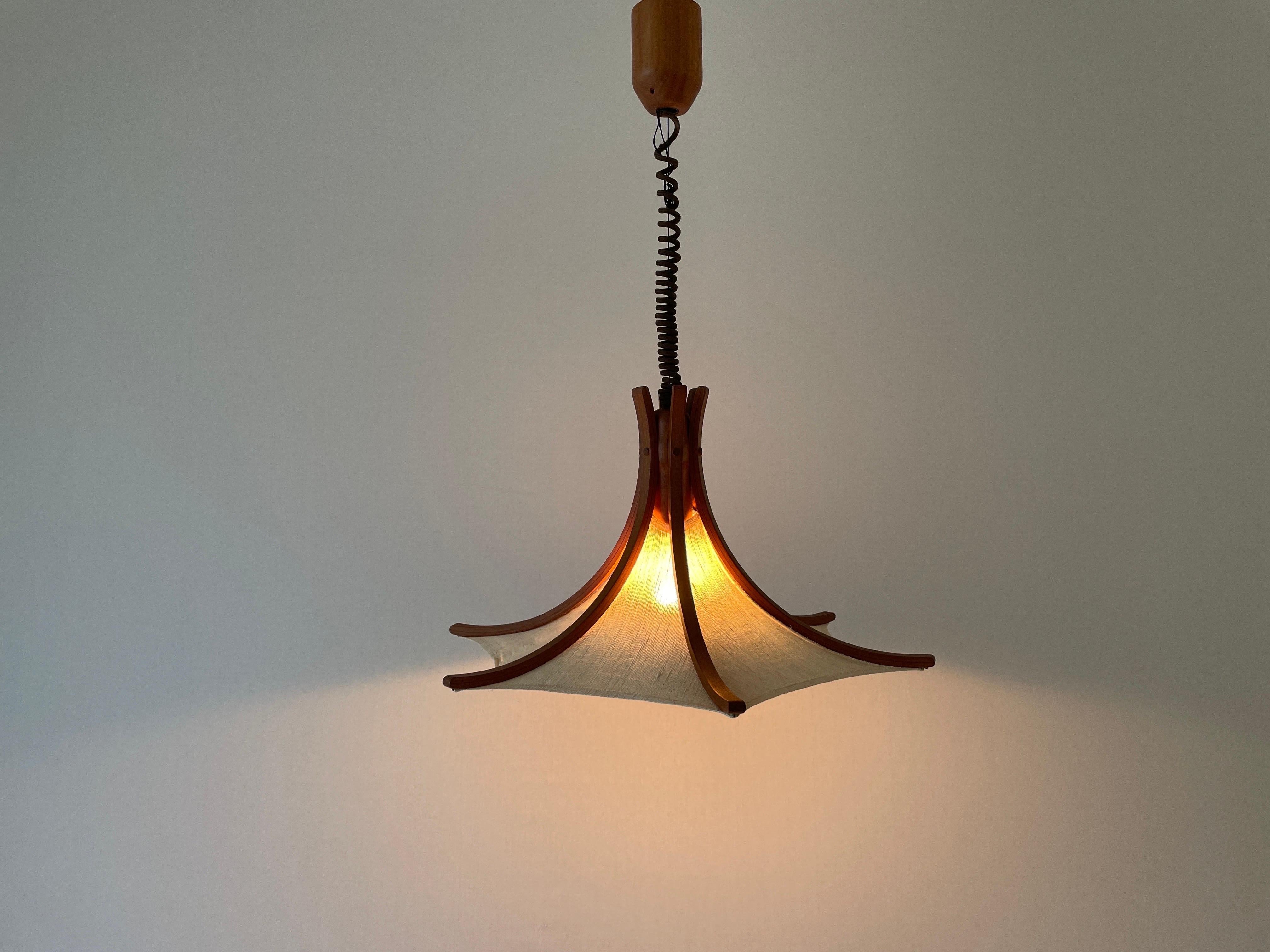Linen and Wood Adjustable Height Pendant Lamp by Domus, 1980s, Italy For Sale 4