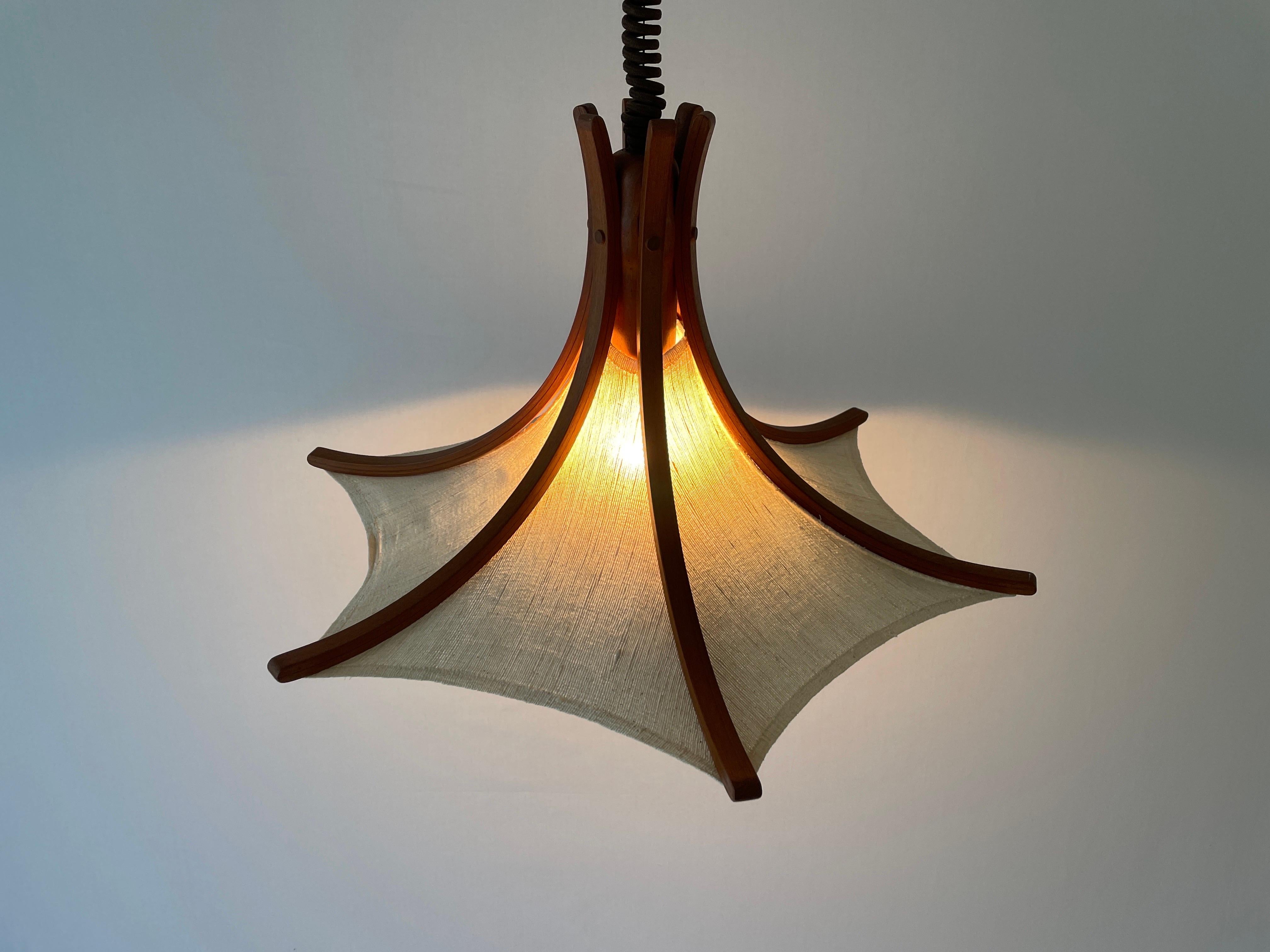 Linen and Wood Adjustable Height Pendant Lamp by Domus, 1980s, Italy For Sale 5