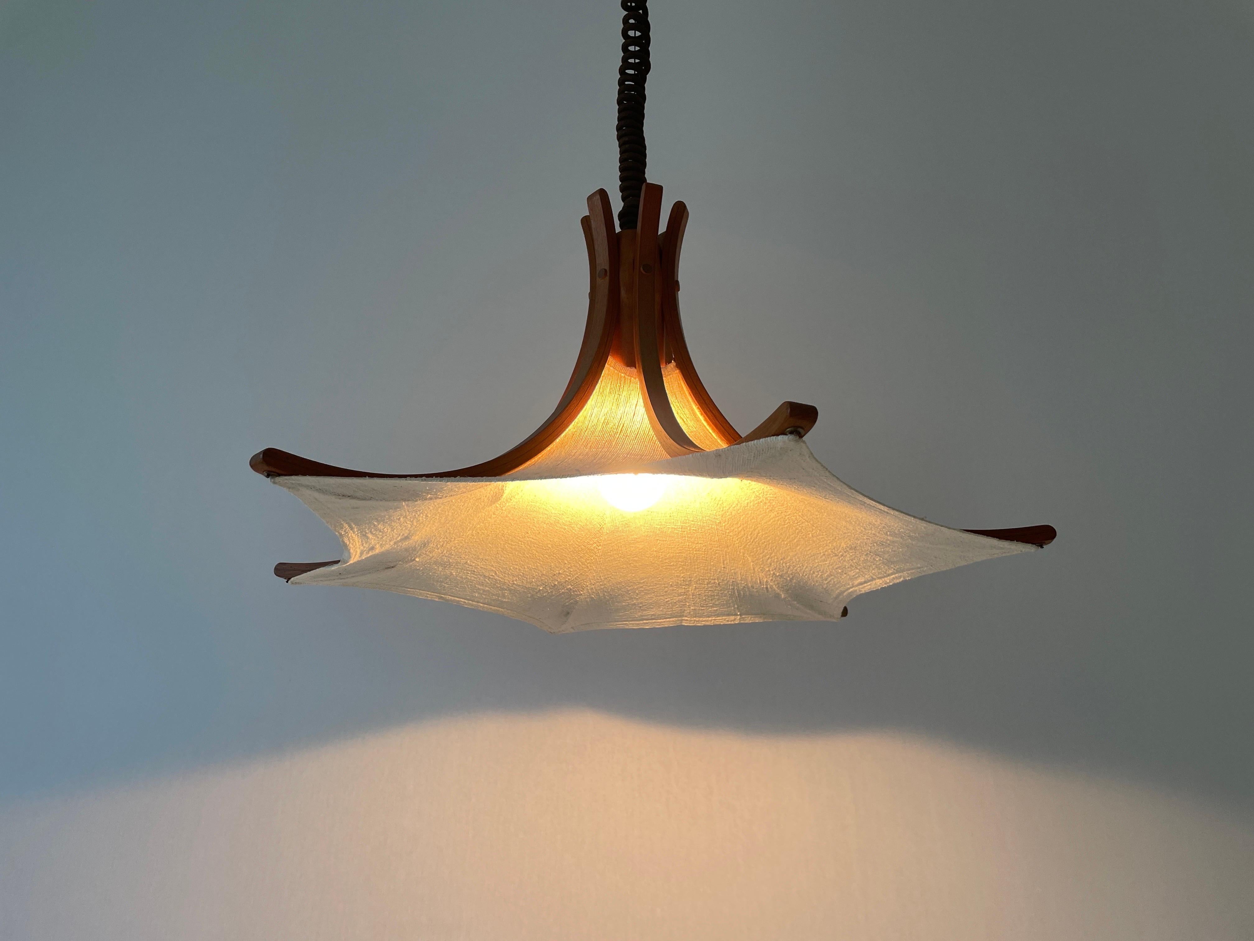 Linen and Wood Adjustable Height Pendant Lamp by Domus, 1980s, Italy For Sale 6