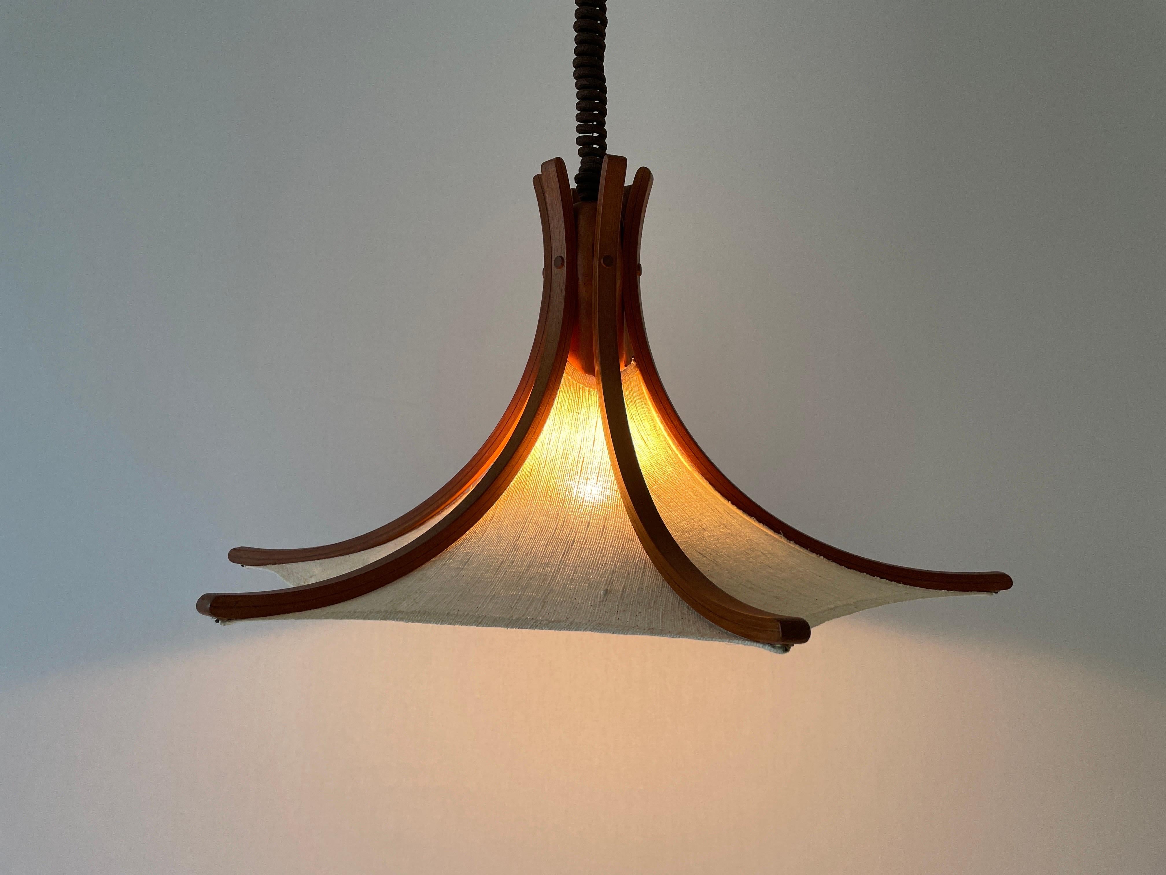 Linen and Wood Adjustable Height Pendant Lamp by Domus, 1980s, Italy For Sale 7