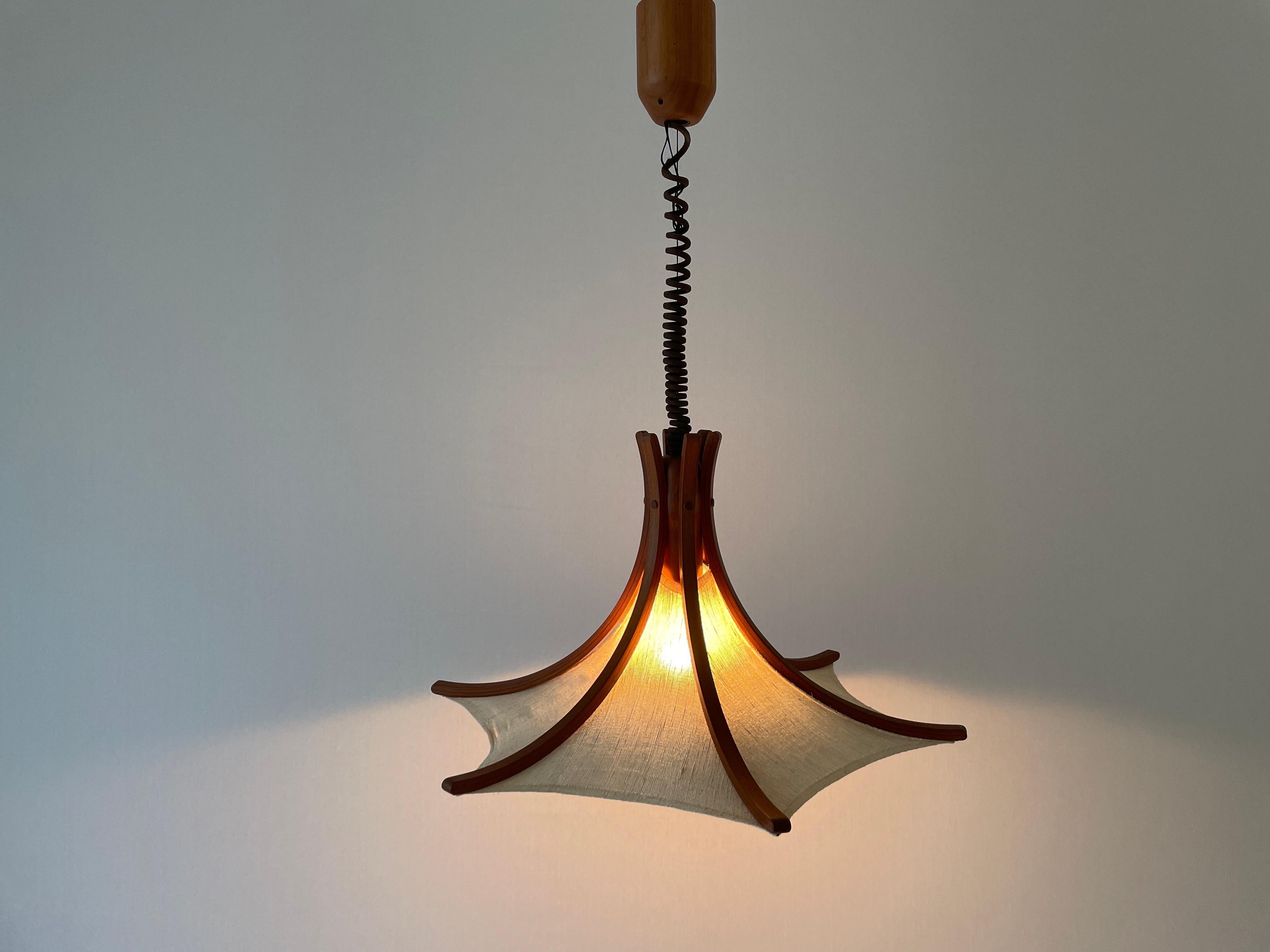 Linen and Wood Adjustable Height Pendant Lamp by Domus, 1980s, Italy For Sale 8