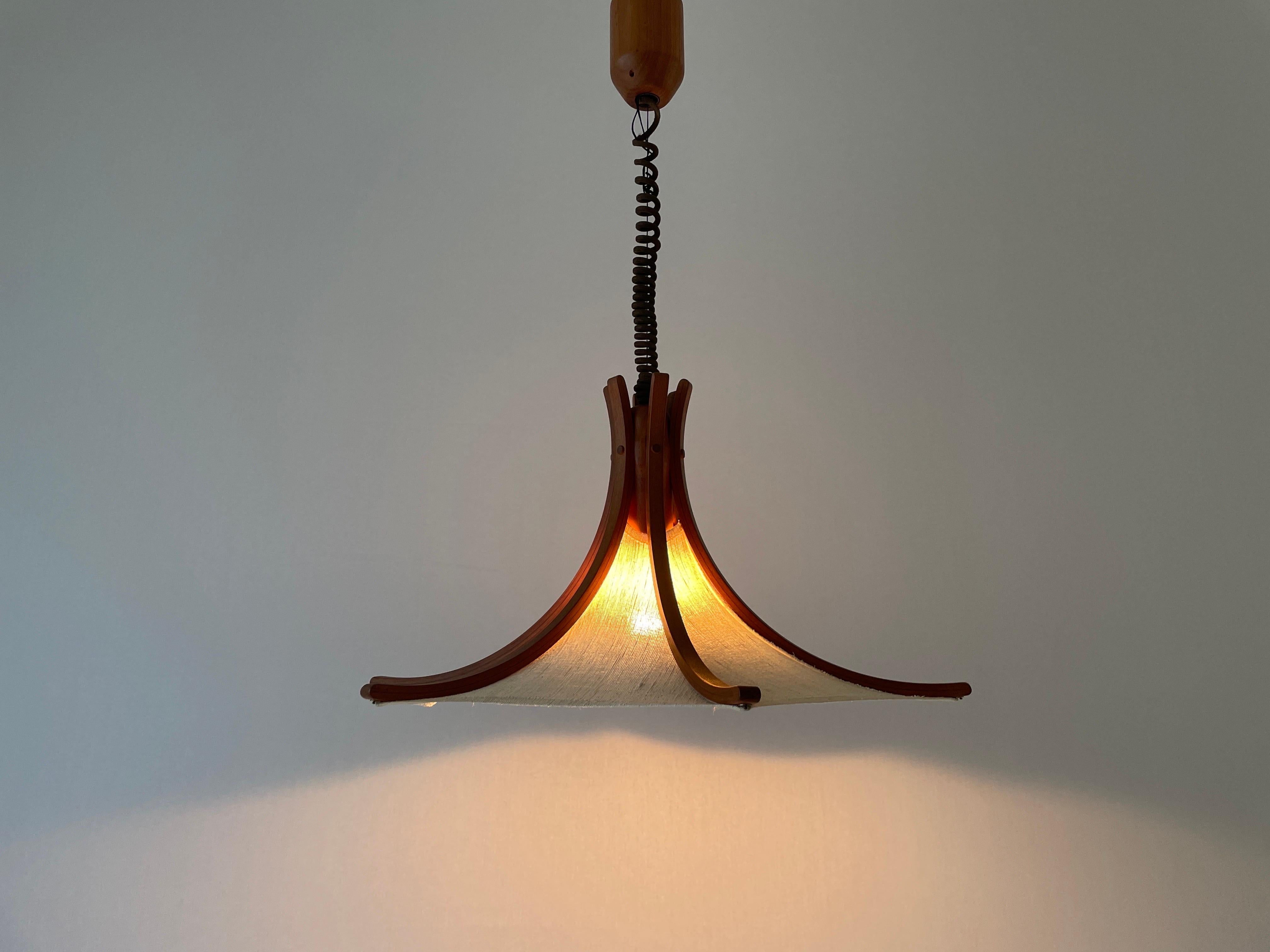 Linen and Wood Adjustable Height Pendant Lamp by Domus, 1980s, Italy For Sale 9