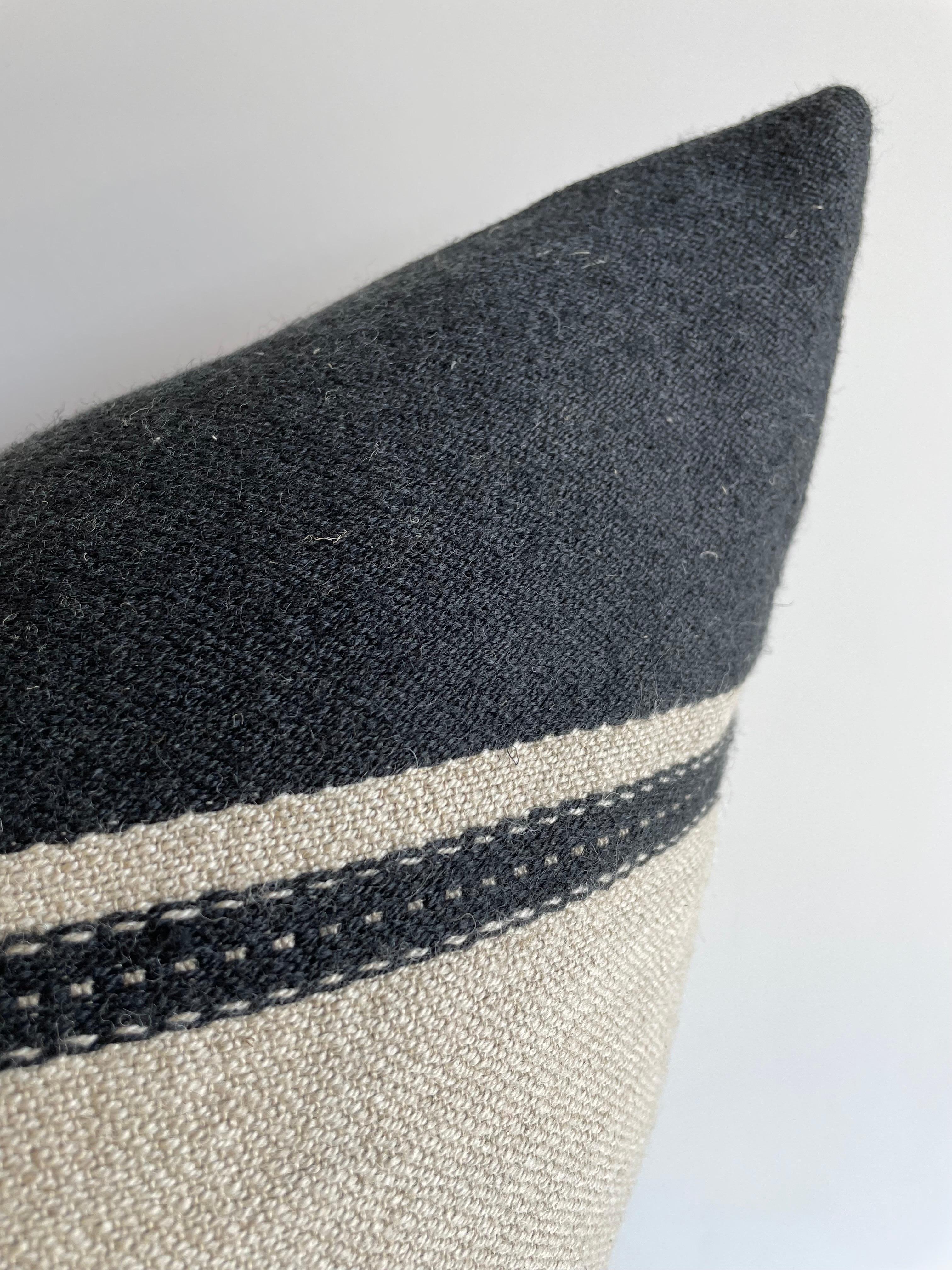 Contemporary Linen and Wool Marshall Stripe Black and Natural Pillow Cover For Sale
