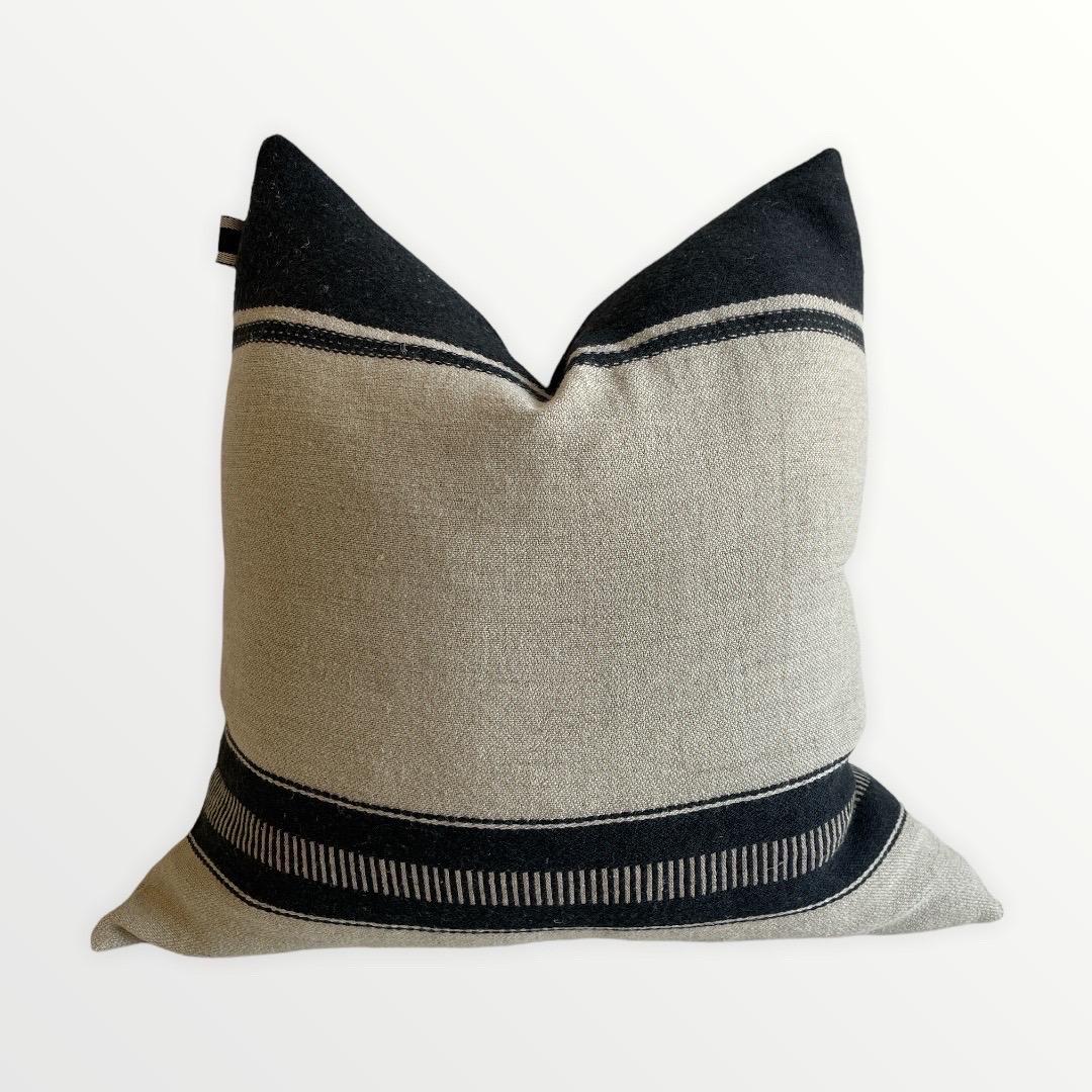 Linen and Wool Marshall Stripe Black and Natural Pillow Cover For Sale 4