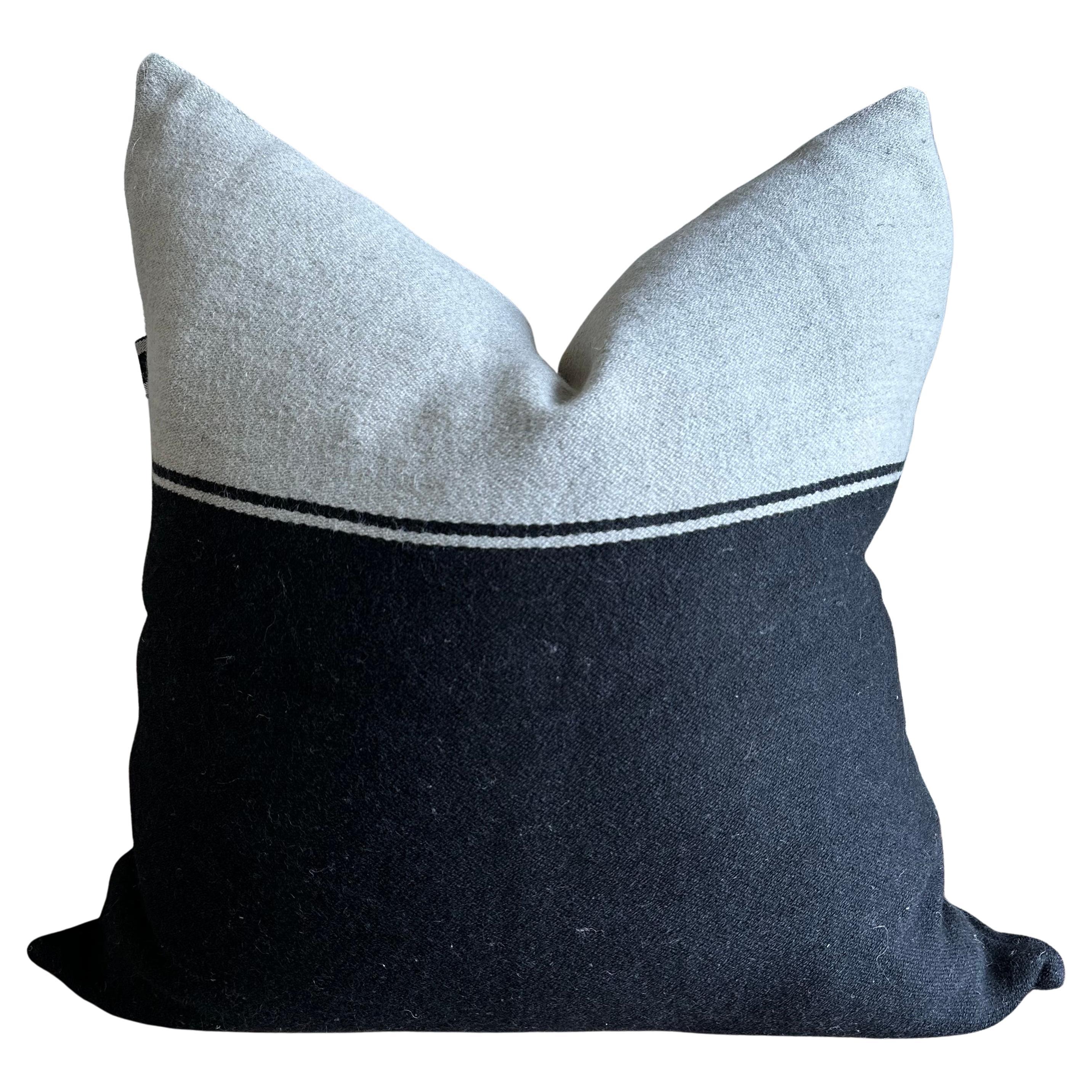 Linen and Wool Pillow in Natural and Black Stripe For Sale