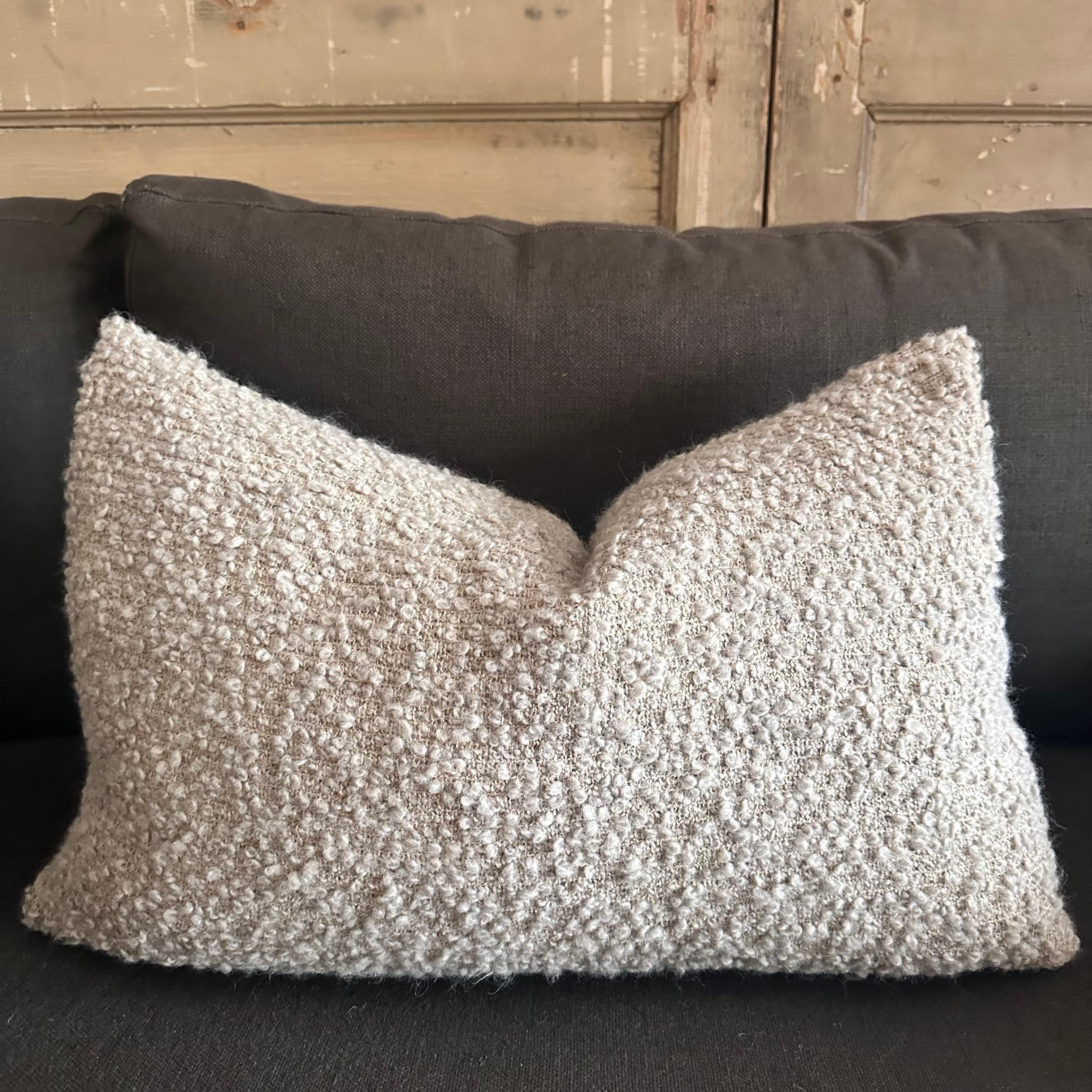 Belgian Linen and Wool Soft Boucle Style Lumbar with Down Feather Insert in Shale Gray For Sale