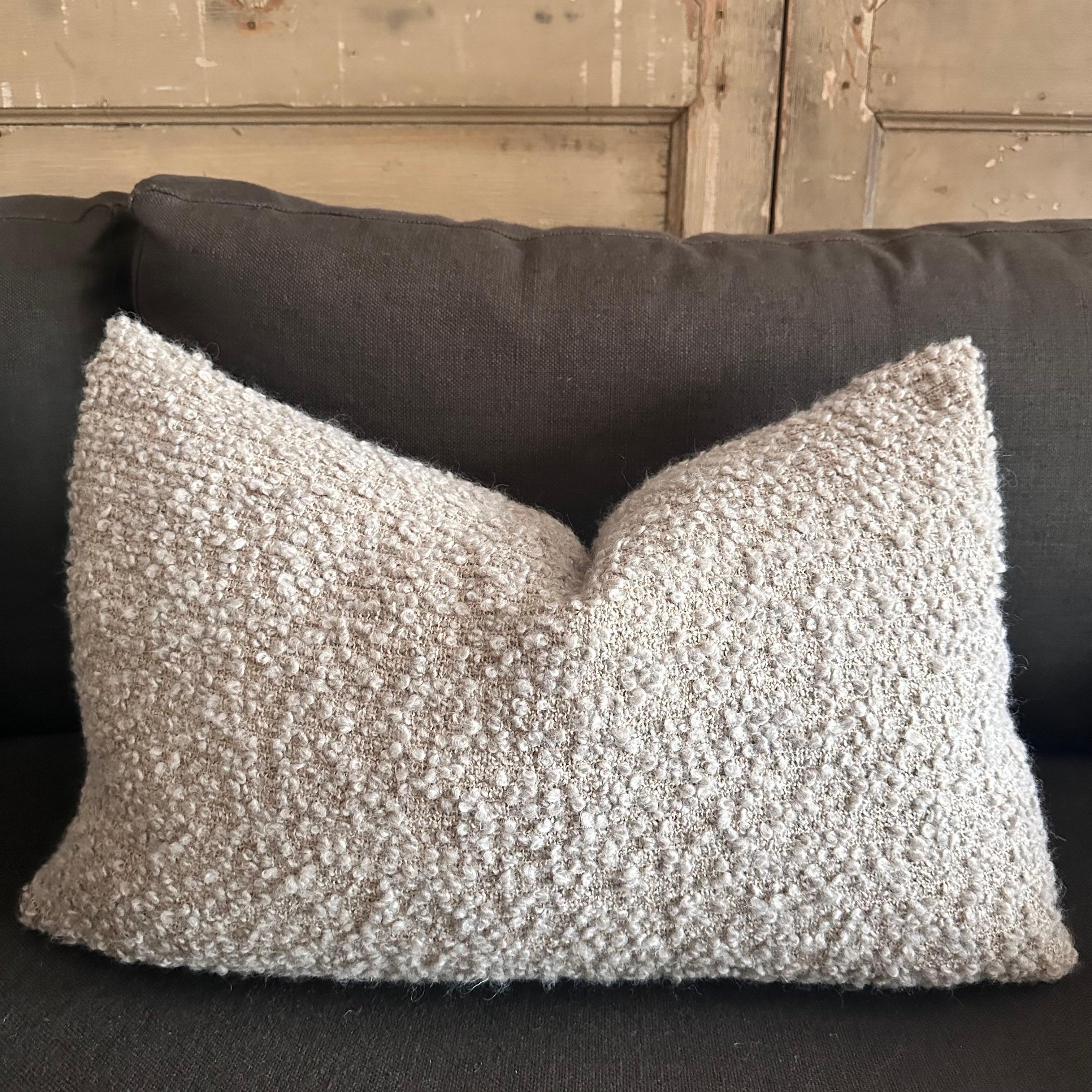 Linen and Wool Soft Boucle Style Lumbar with Down Feather Insert in Shale Gray In New Condition For Sale In Brea, CA