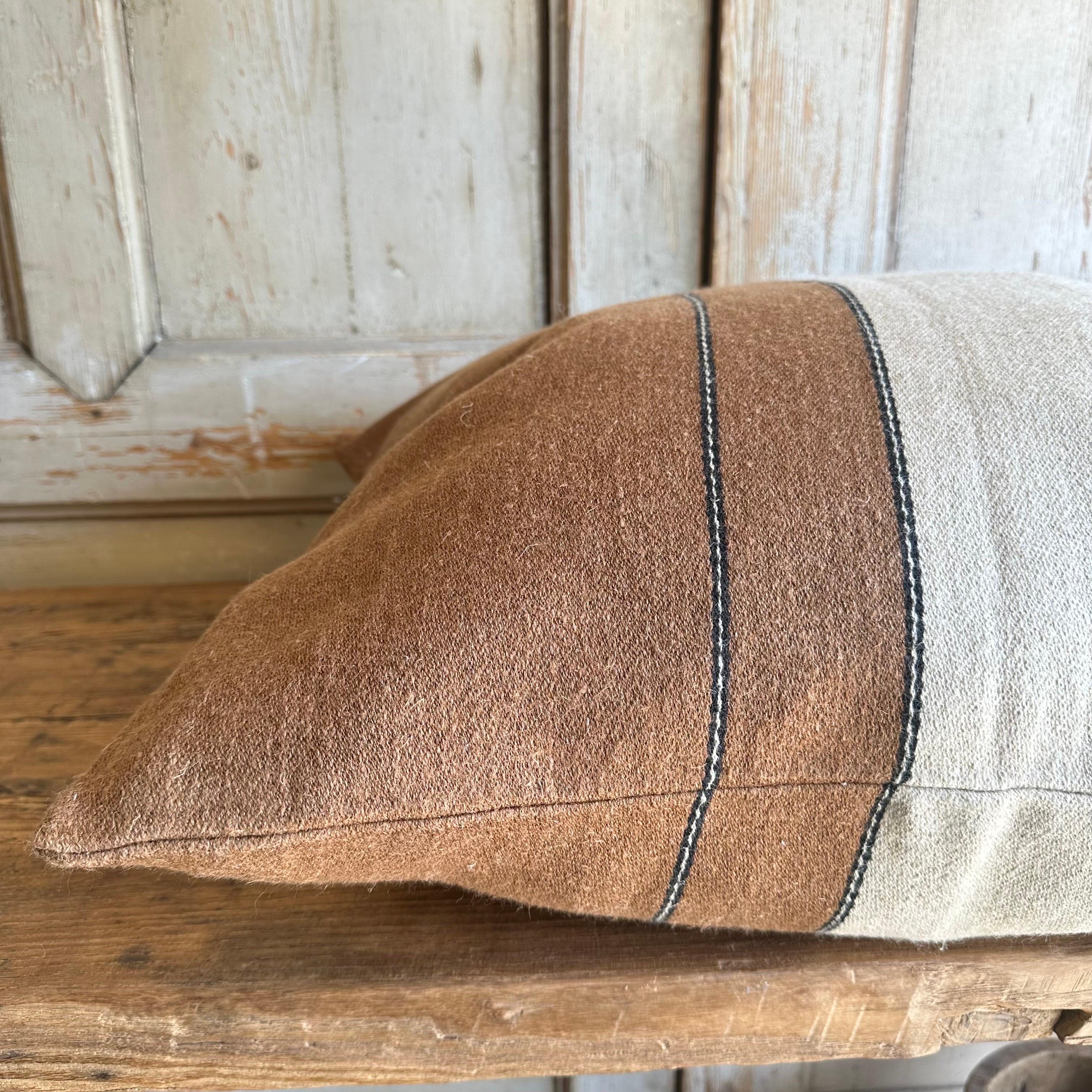 Linen and Wool Washed Pillow in Natural and Wax Brown For Sale 1