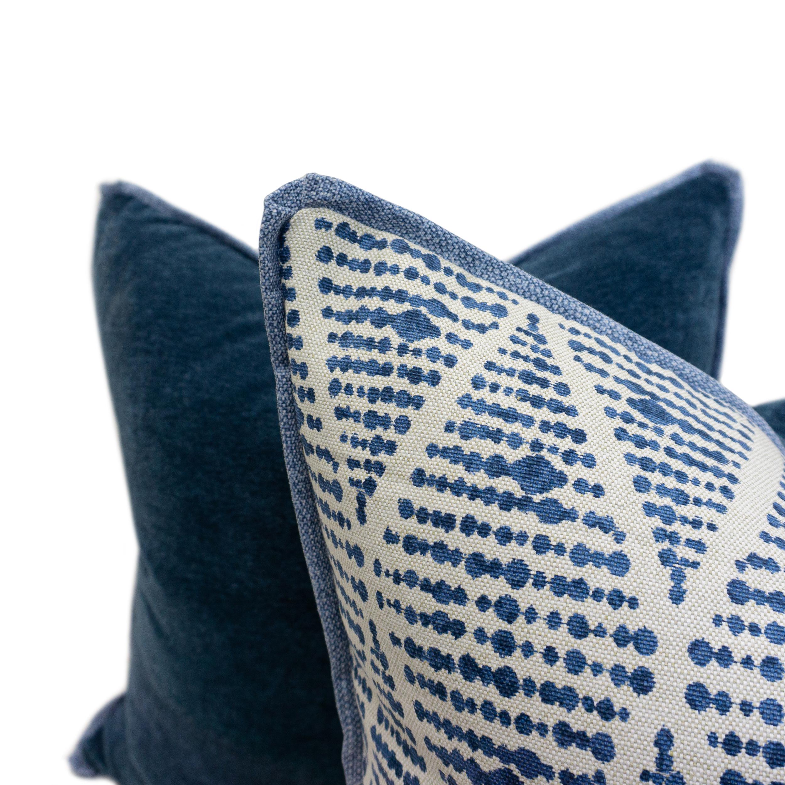 Modern Linen Blue Dot Patterned and Velvet Back Square Pillows (Needs Review) For Sale