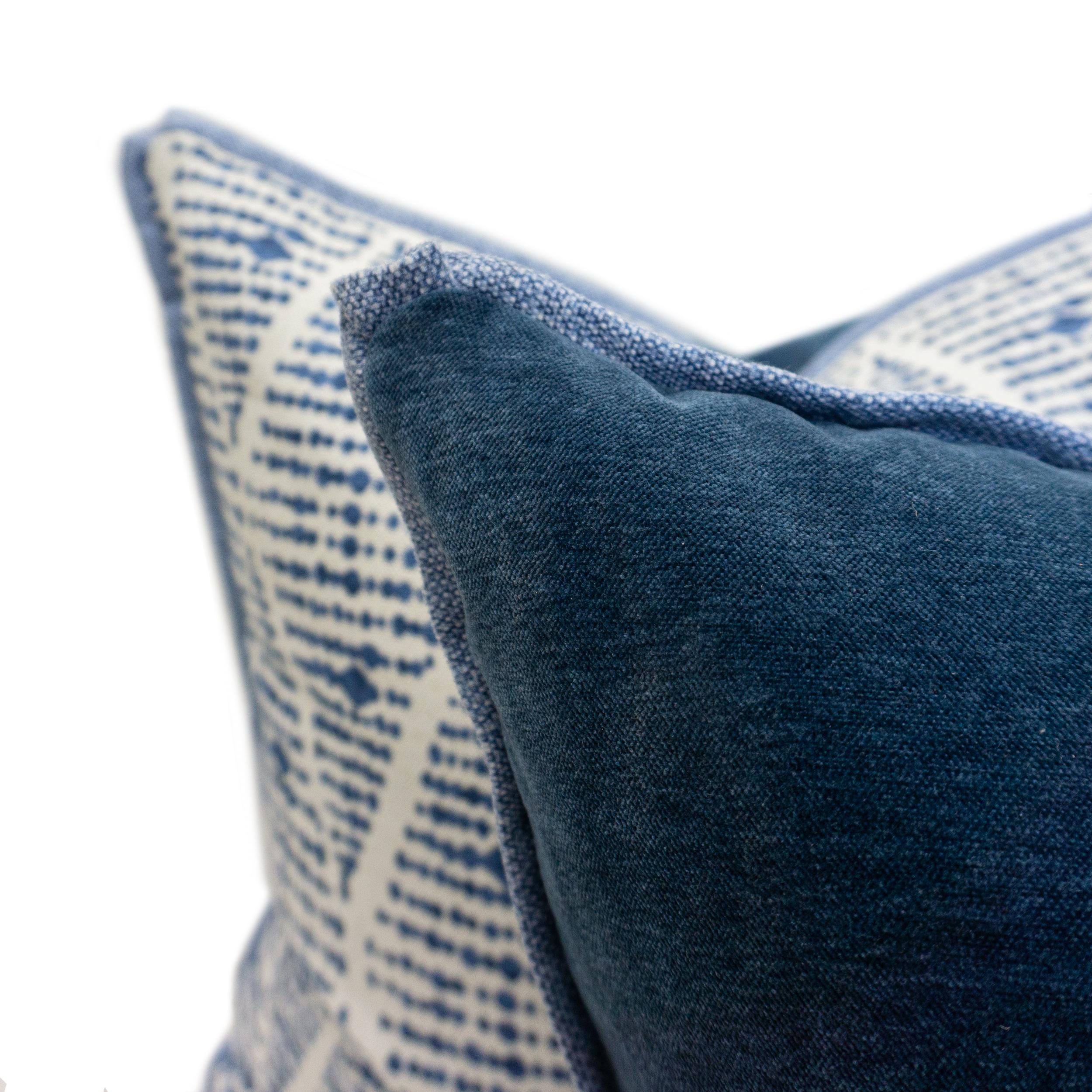 American Linen Blue Dot Patterned and Velvet Back Square Pillows (Needs Review) For Sale