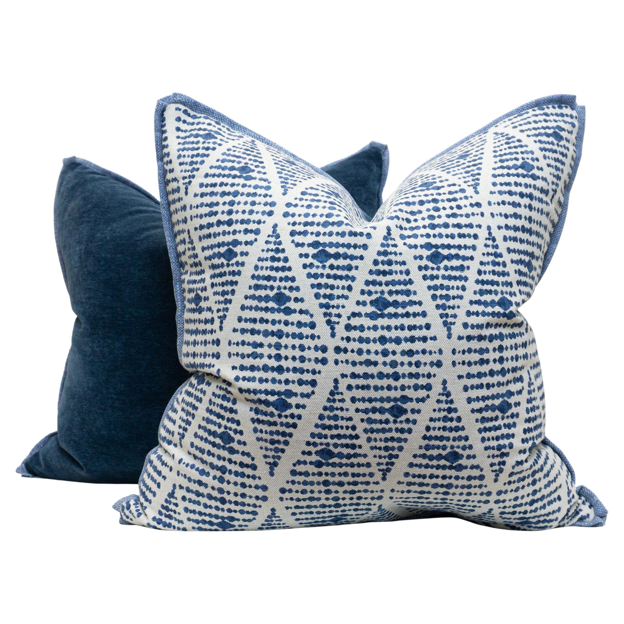 Linen Blue Dot Patterned and Velvet Back Square Pillows (Needs Review) For Sale