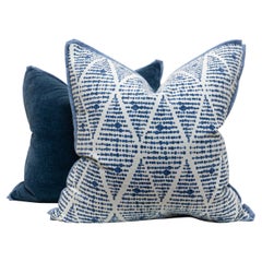 Linen Blue Dot Patterned and Velvet Back Square Pillows (Needs Review)