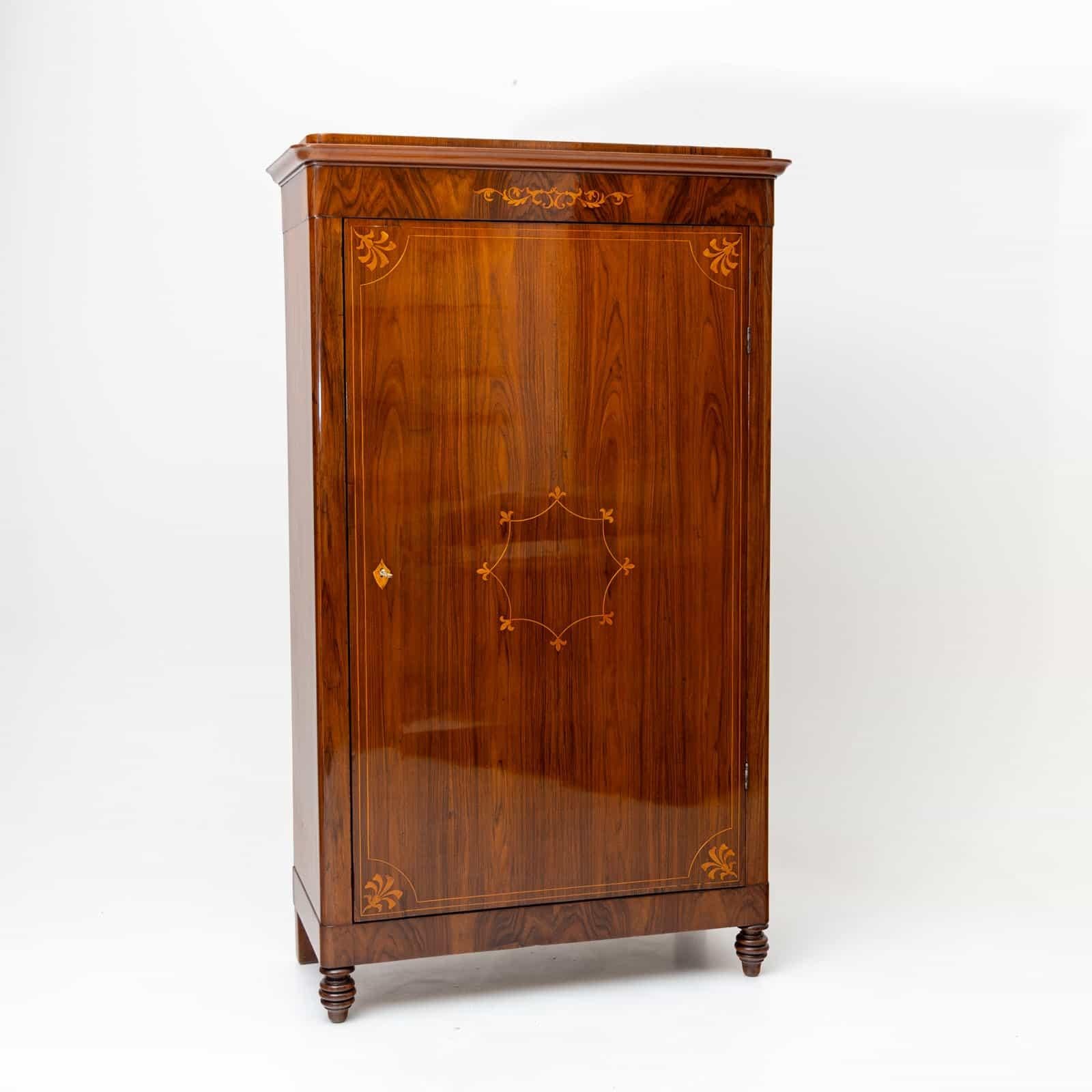Biedermeier Linen Cabinet with one door, polished walnut with inlays, Mid-19th Century For Sale