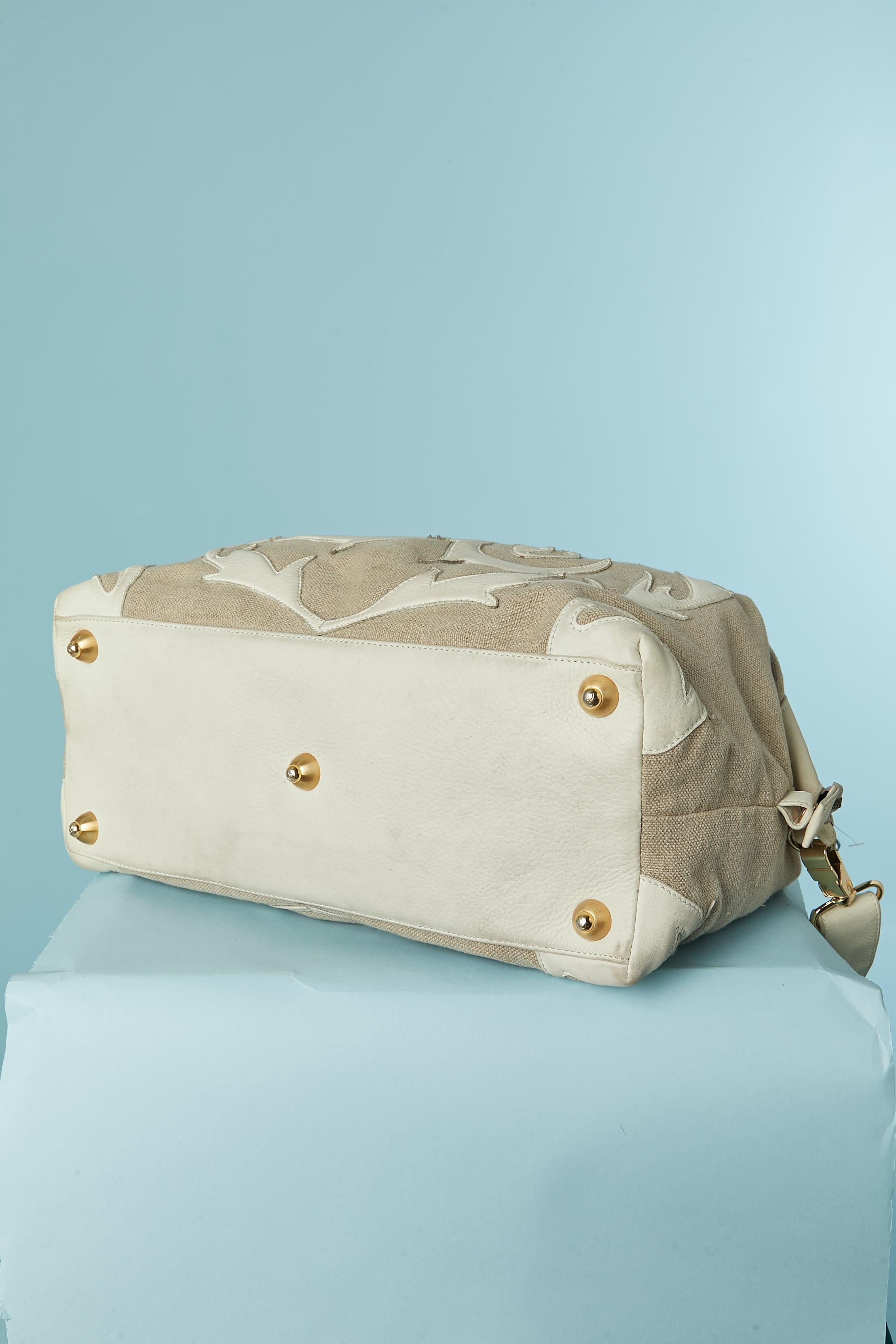 Brown Linen canevas and leather appliqué large top handle bag Christian Lacroix For Sale