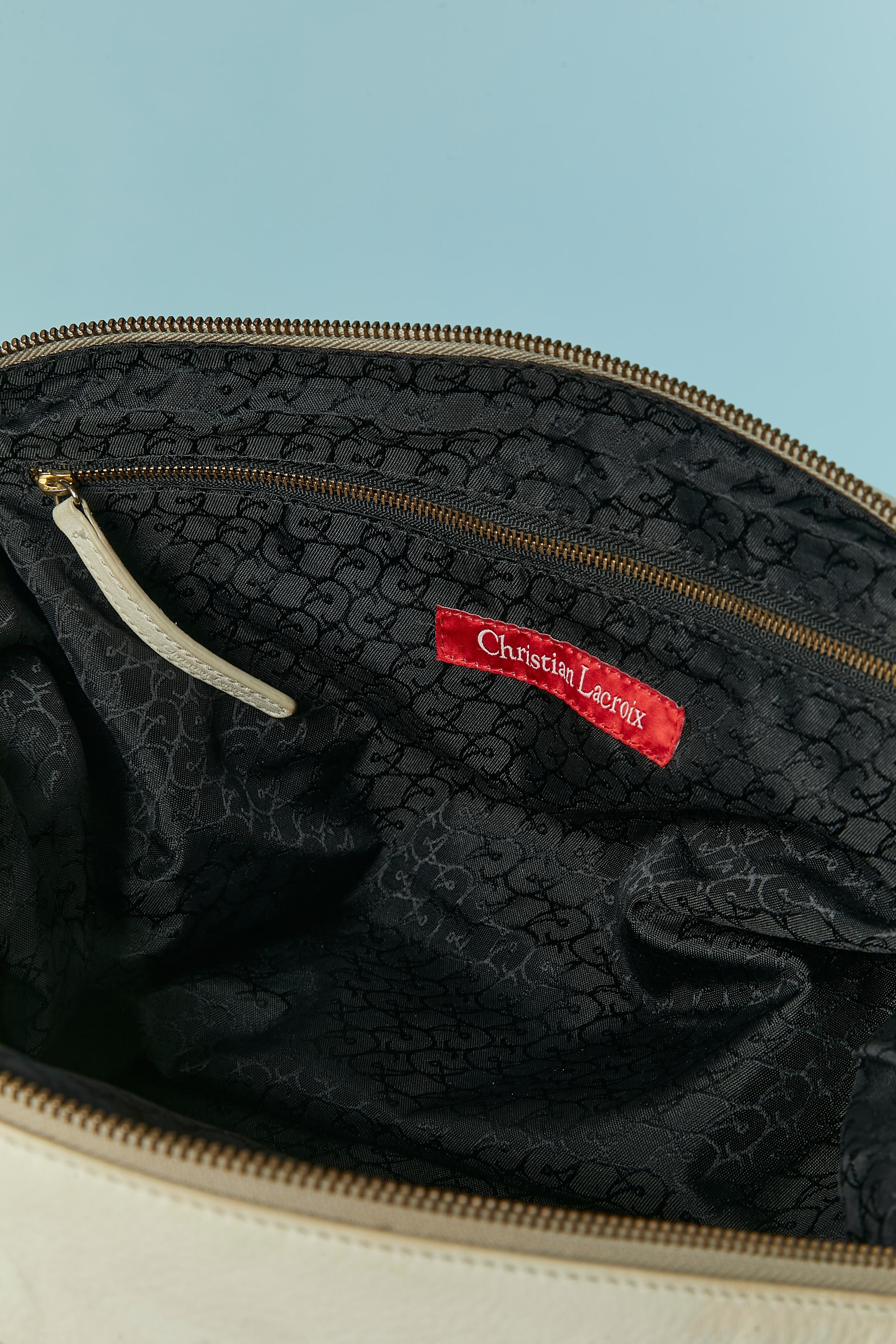 Linen canevas and leather appliqué large top handle bag Christian Lacroix For Sale 1