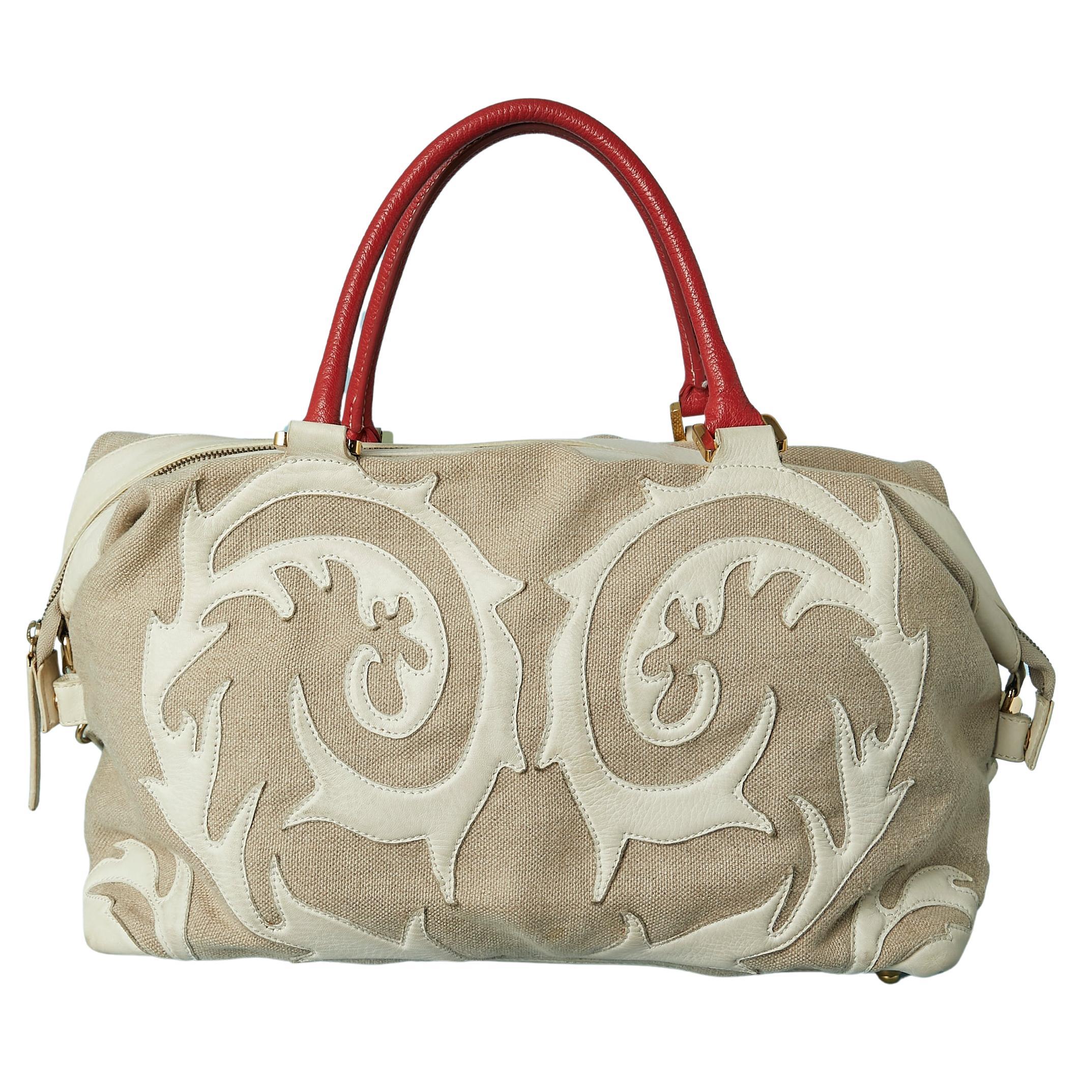 Linen canevas and leather appliqué large top handle bag Christian Lacroix For Sale