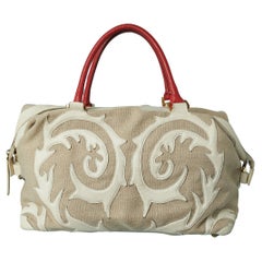 Linen canevas and leather appliqué large top handle bag Christian Lacroix