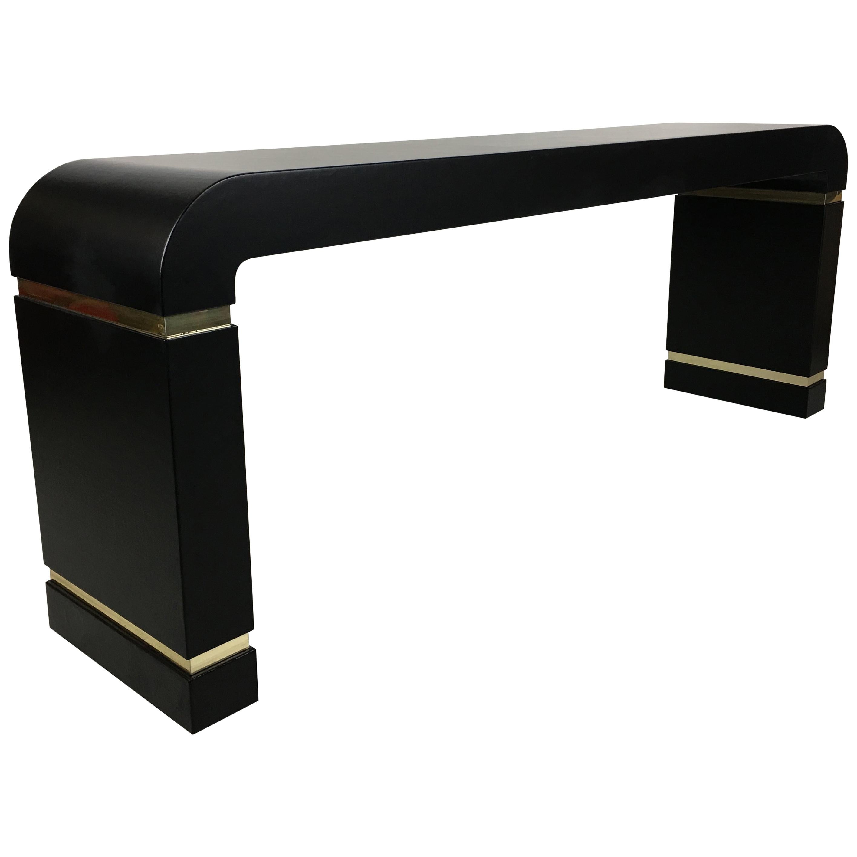 Linen Clad Console with Brass Trim For Sale