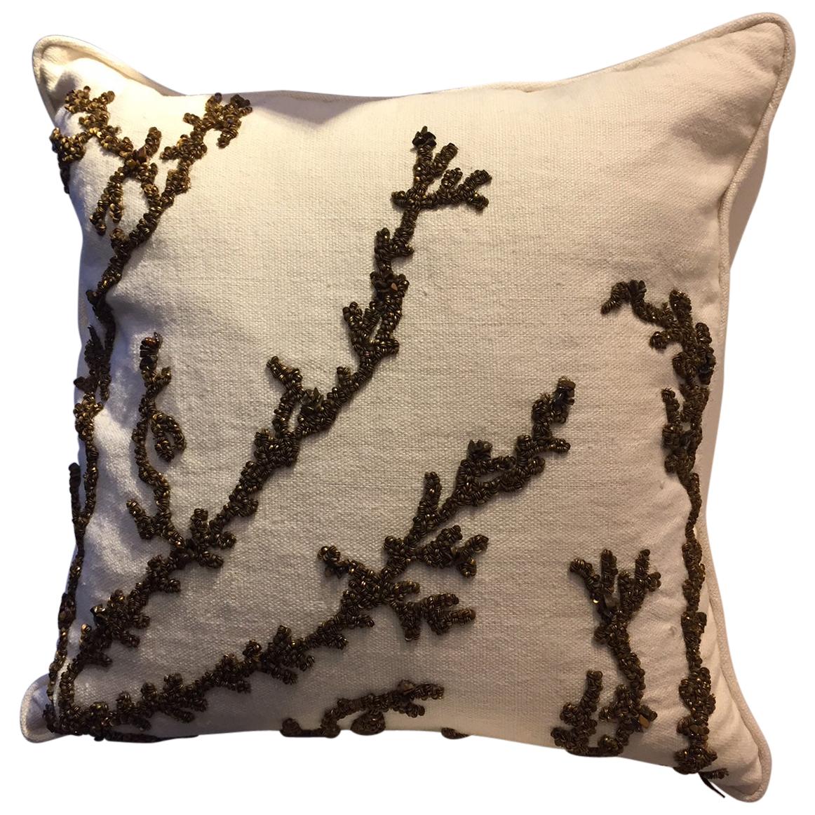 Linen Cushion Color Oyster With Hand Embroidered Coral Bronze Sequins  For Sale